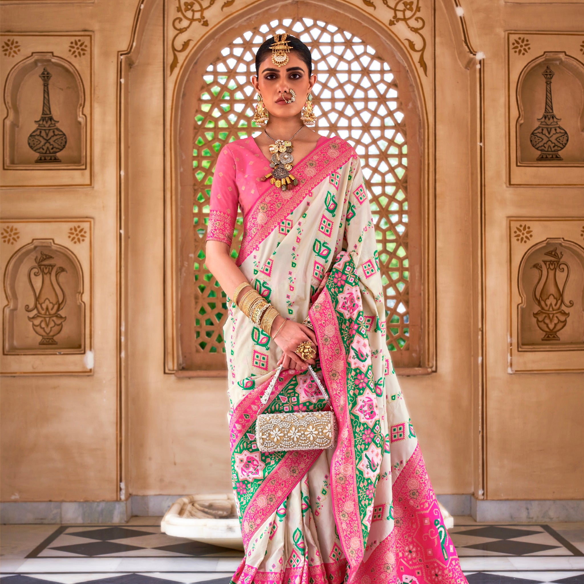 Off-White and Pink Banarasi Silk Saree with Green Zari Weaving and Blouse