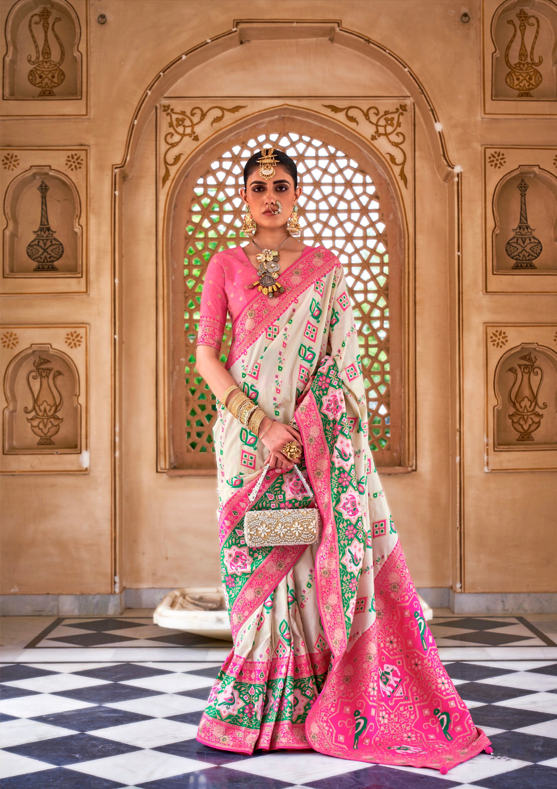 Off-White and Pink Banarasi Silk Saree with Zari Weaving and Blouse