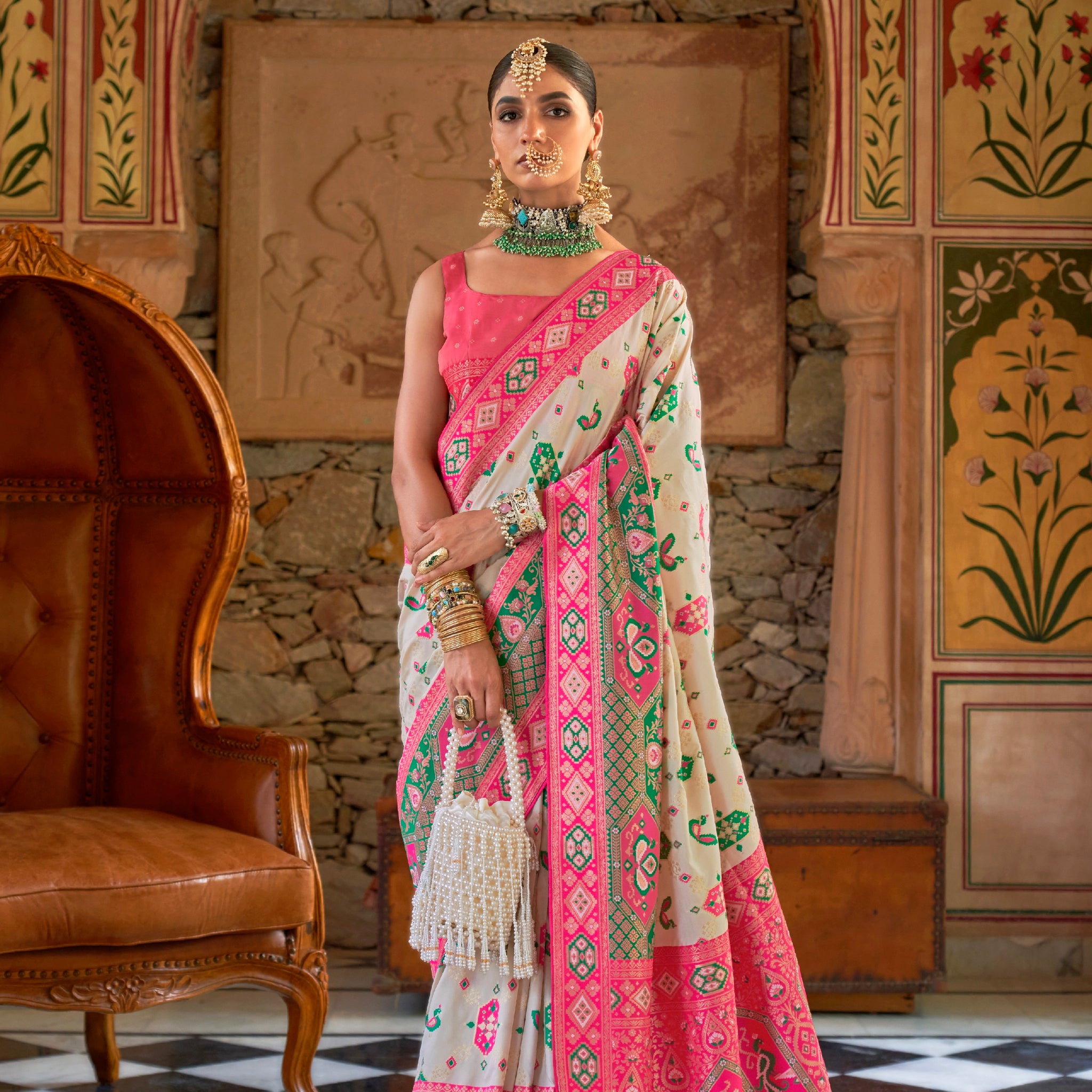 Off-White and Pink Banarasi Silk Saree with Gold Zari Weaving and Blouse