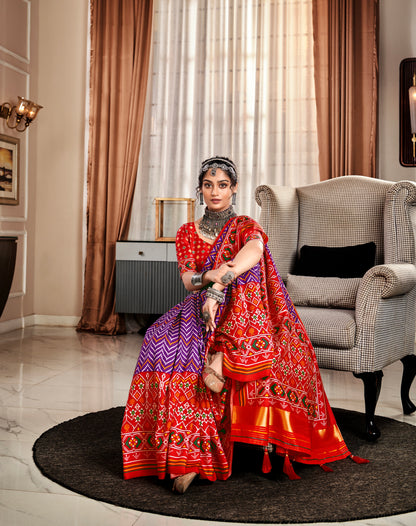 Red and Purple Pure Tusser Patola Saree with Lagadi Patta Pallu