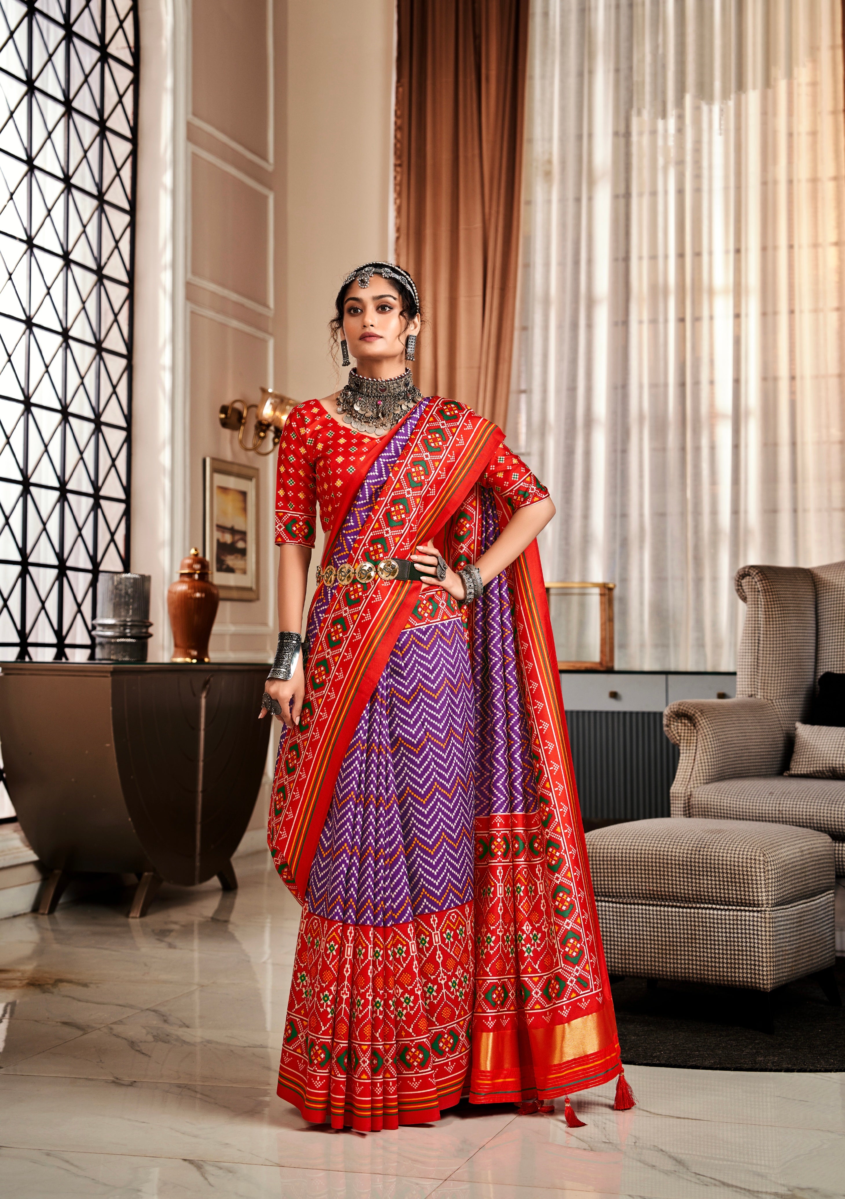 Red and Purple Pure Tusser Patola Saree with Lagadi Patta Pallu
