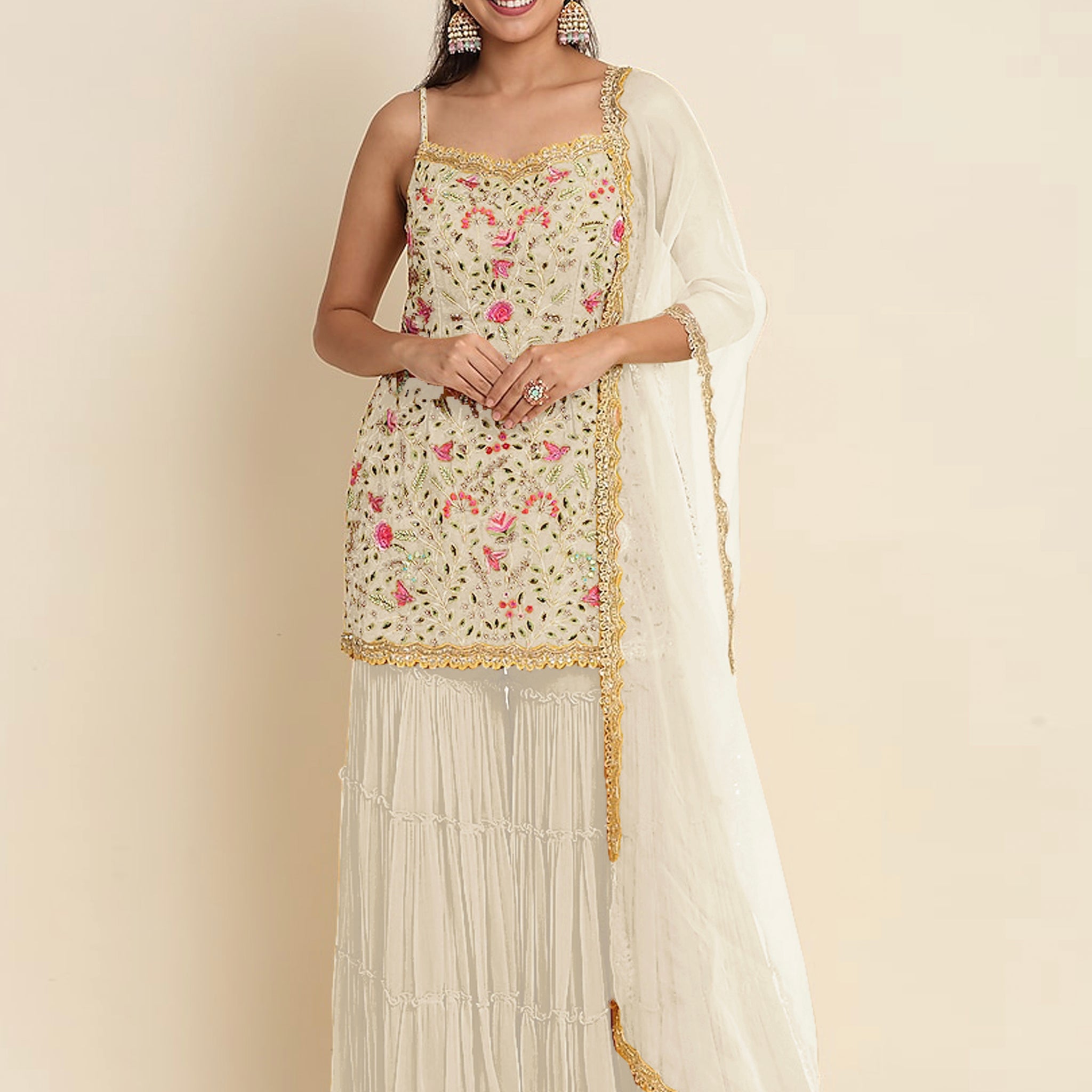 Off-White Georgette Sharara Suit with Zari and Thread Work