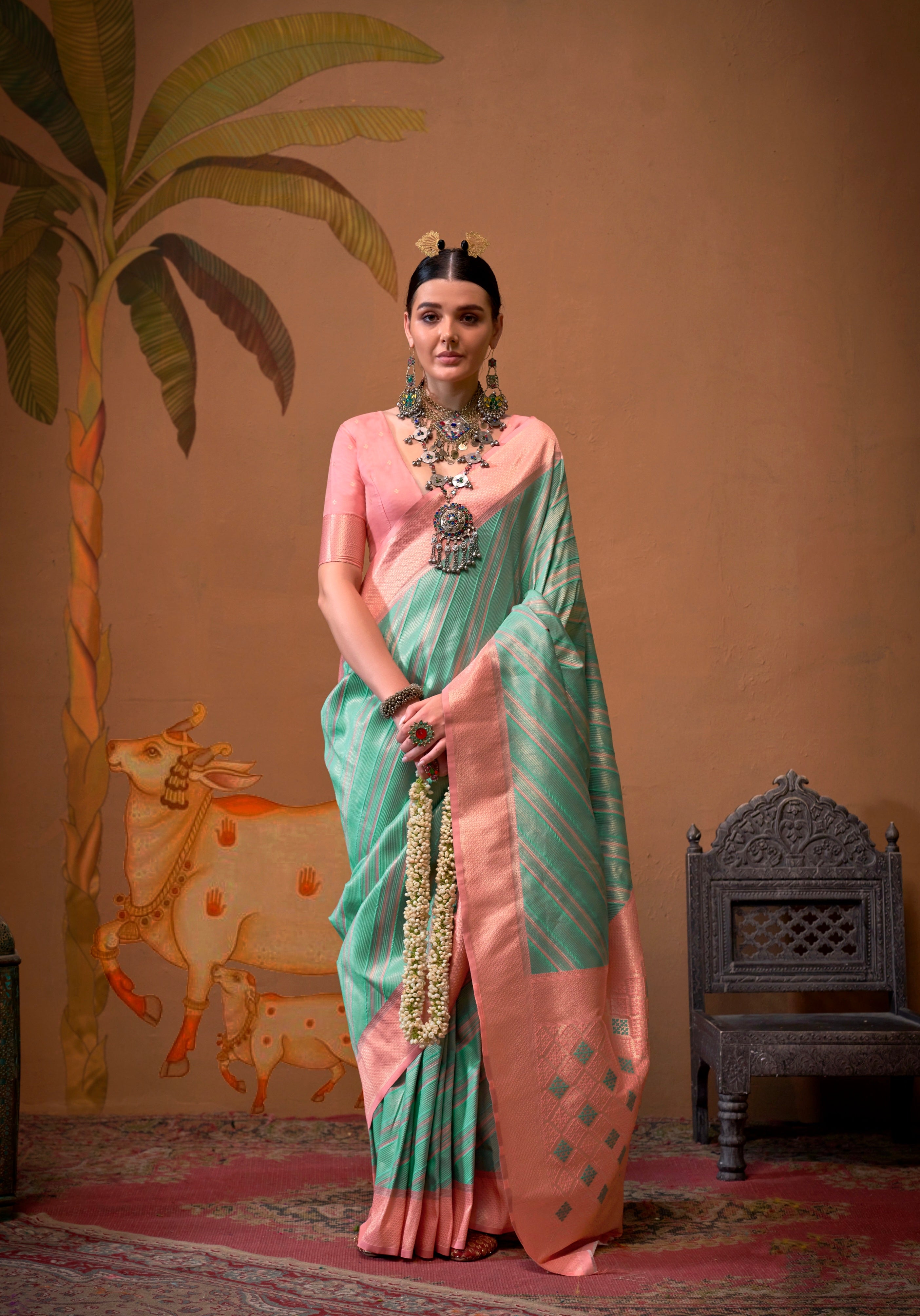 Mint Green and Peach Handloom Weaving Silk Saree with Handloom Silk Blouse