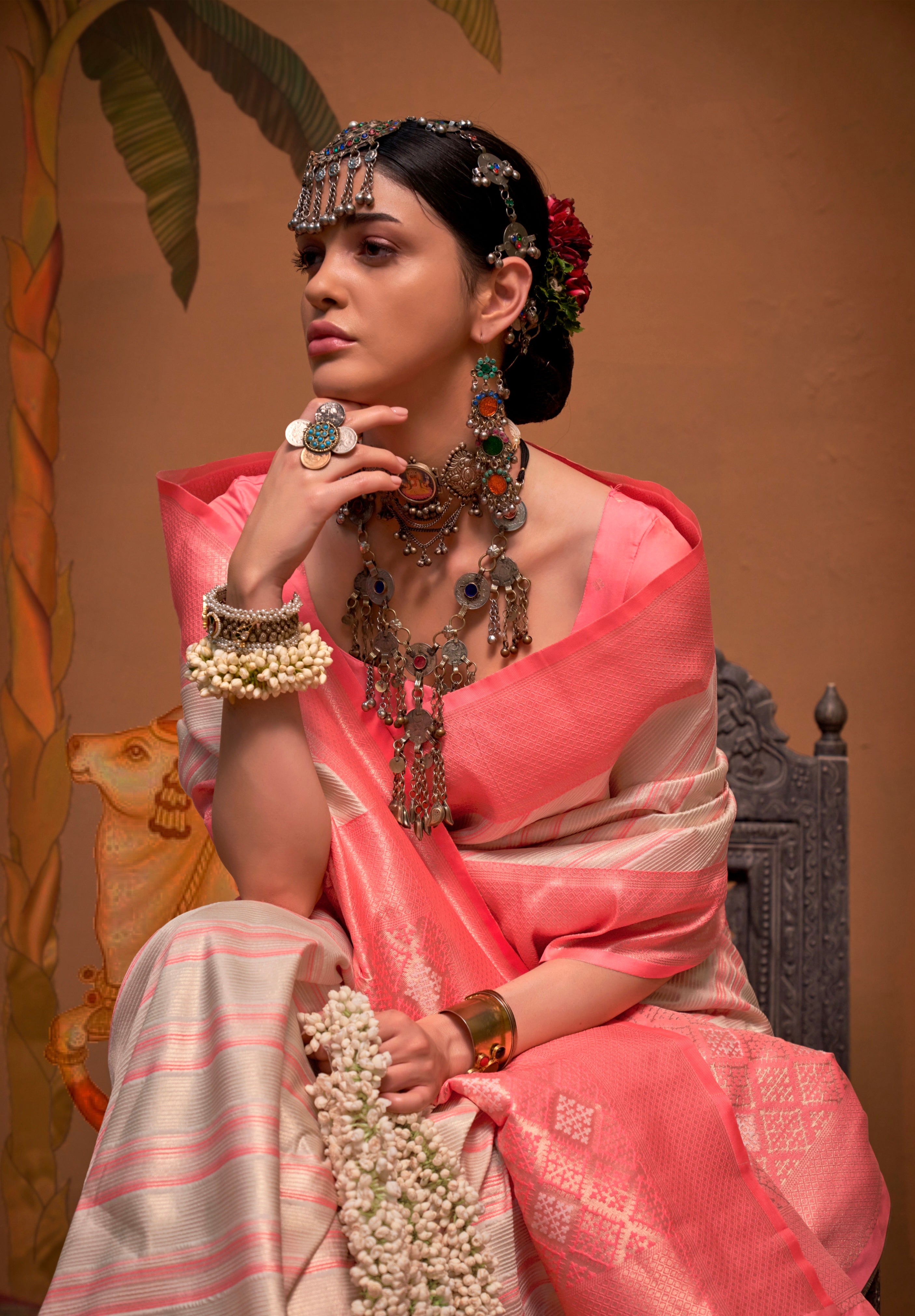 Pink and Grey Handloom Weaving Silk Saree with Handloom Silk Blouse