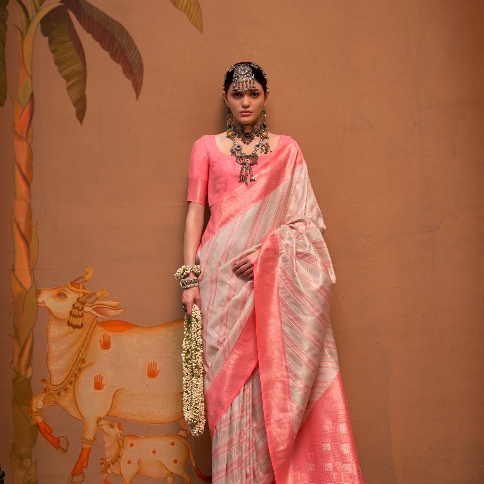Pink and Grey Handloom Weaving Silk Saree with Handloom Silk Blouse