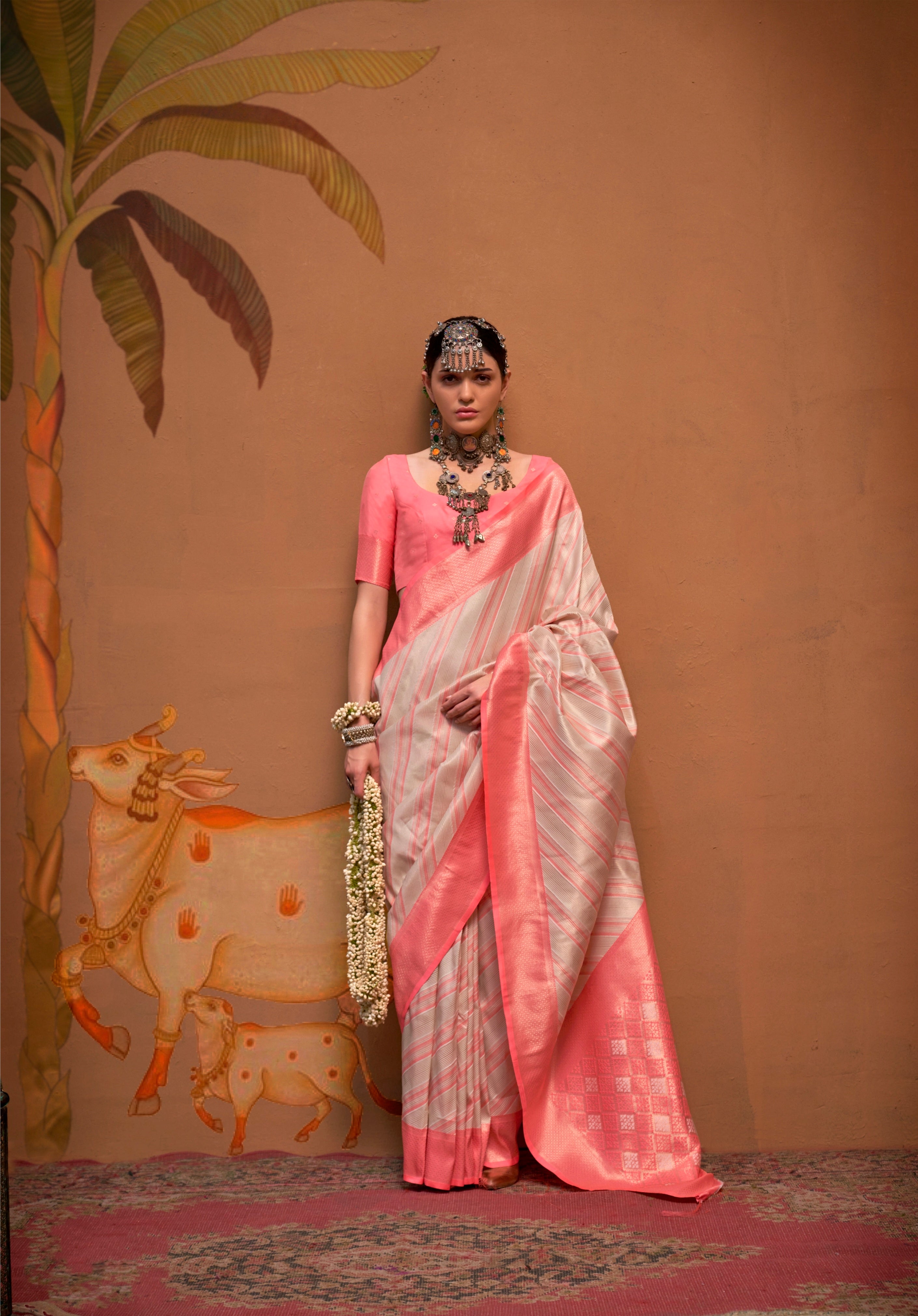 Pink and Grey Handloom Weaving Silk Saree with Handloom Silk Blouse