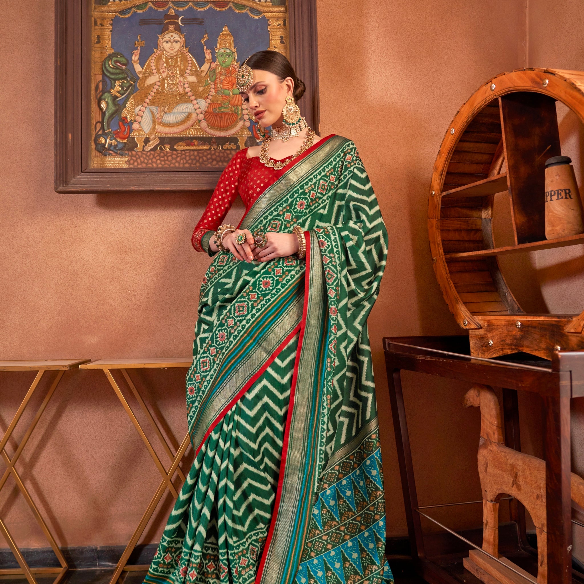 Green and Red Mercerized Sigma Silk Patola Saree with Gold Print and Kandora Belt