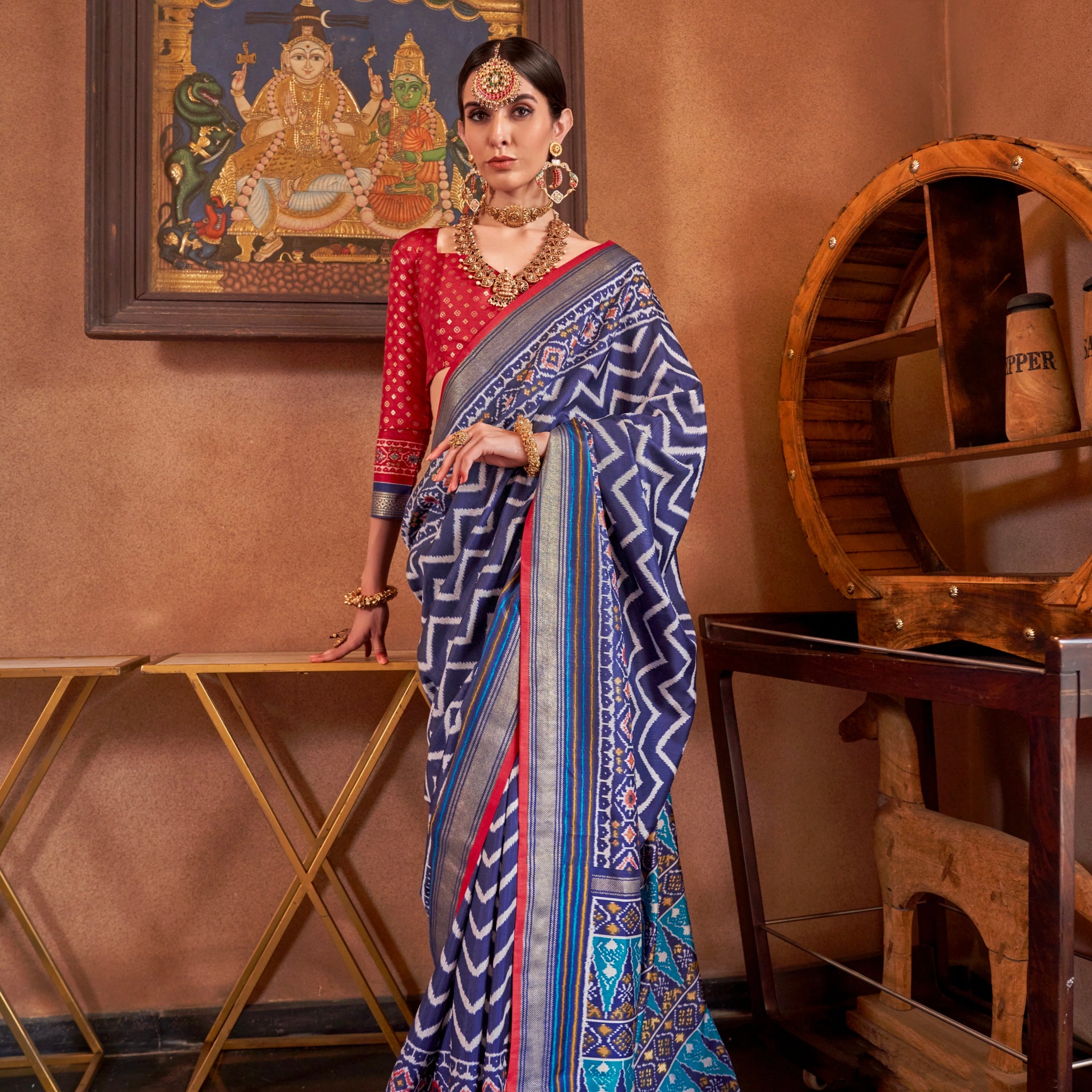 Grey and Blue Mercerized Sigma Silk Patola Saree with Gold Print and Kandora Belt