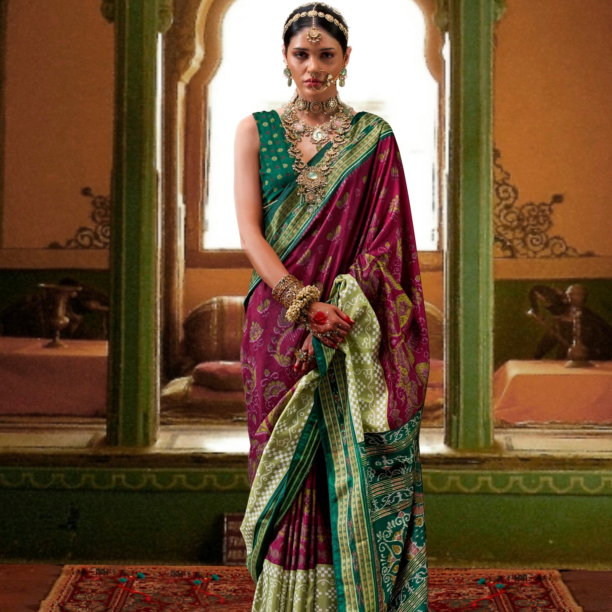 Purple and Green Mercerized Sigma Silk Traditional Saree with Aqua Finish