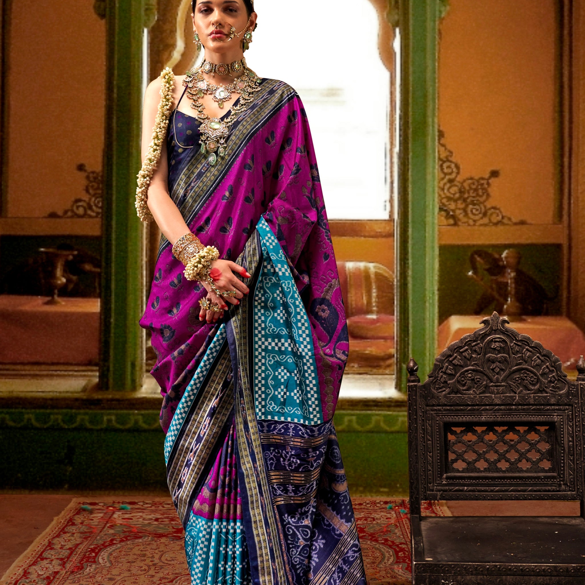Purple and Blue Mercerized Sigma Silk Traditional Saree with Aqua Finish