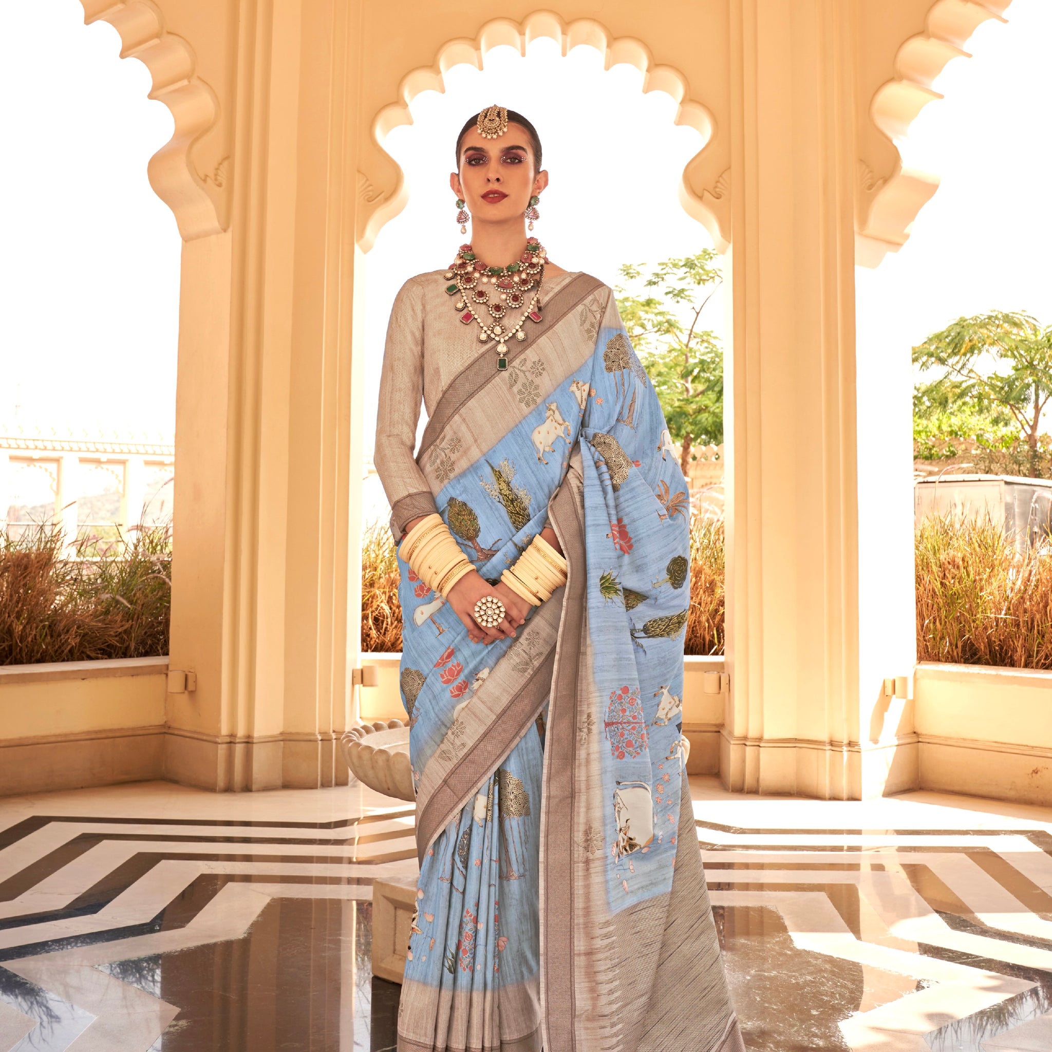 Light Blue and Grey Super Pv Raw Silk Saree with Khadi Print