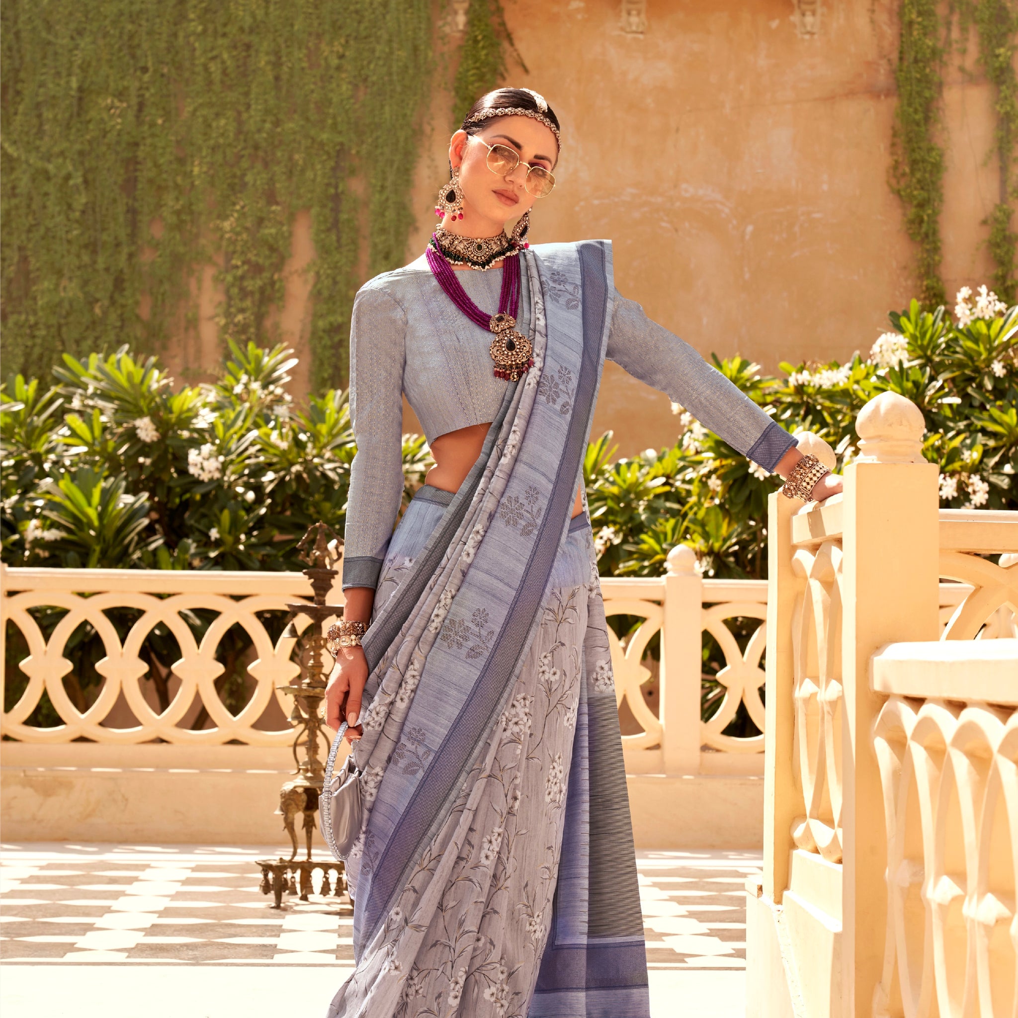 Sky Blue and Grey Super Pv Raw Silk Saree with Foil Print