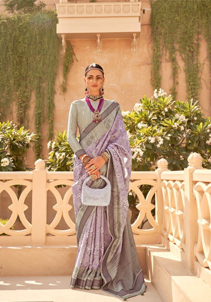 Mauve and Grey Super Pv Raw Silk Saree with Foil Print 