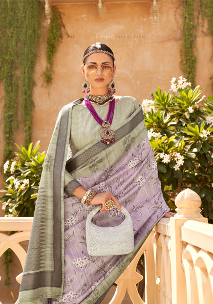 Mauve and Grey Super Pv Raw Silk Saree with Foil Print 