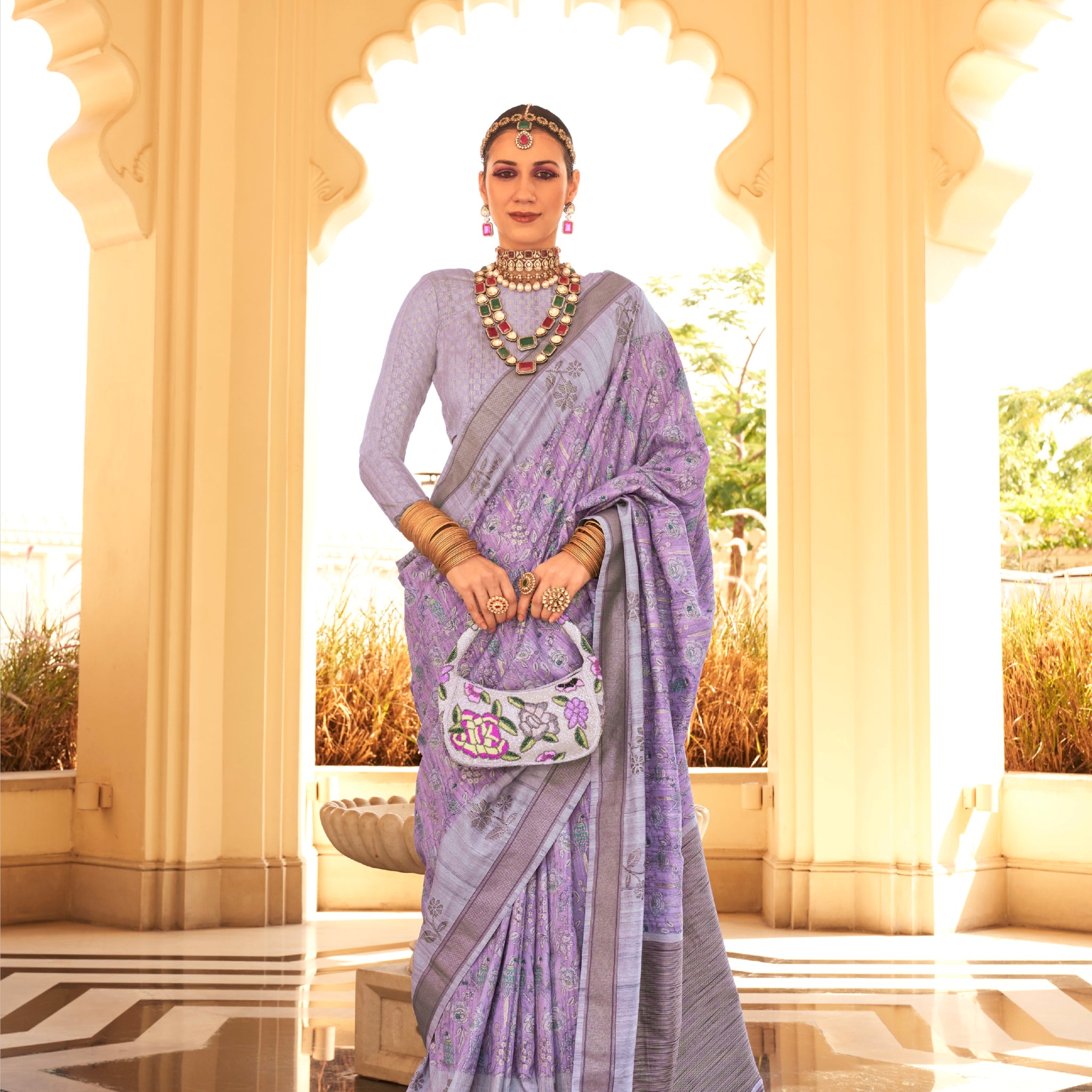 Lavender and Steel Grey Super Pv Raw Silk Saree with Foil Print