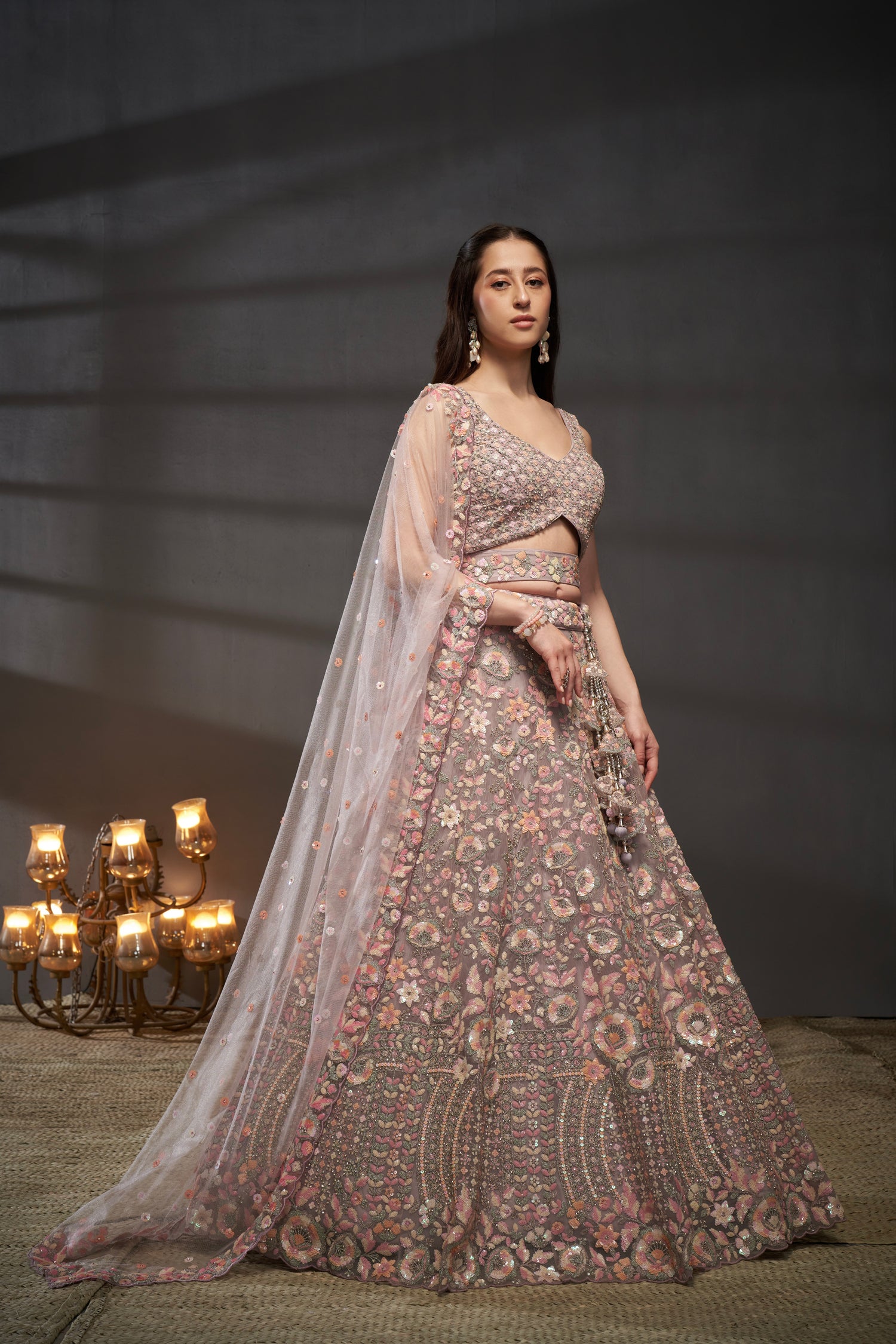 Mauve Net Floral Sequins with Heavy Zarkan Embroidery Lehenga Choli &amp; Dupatta