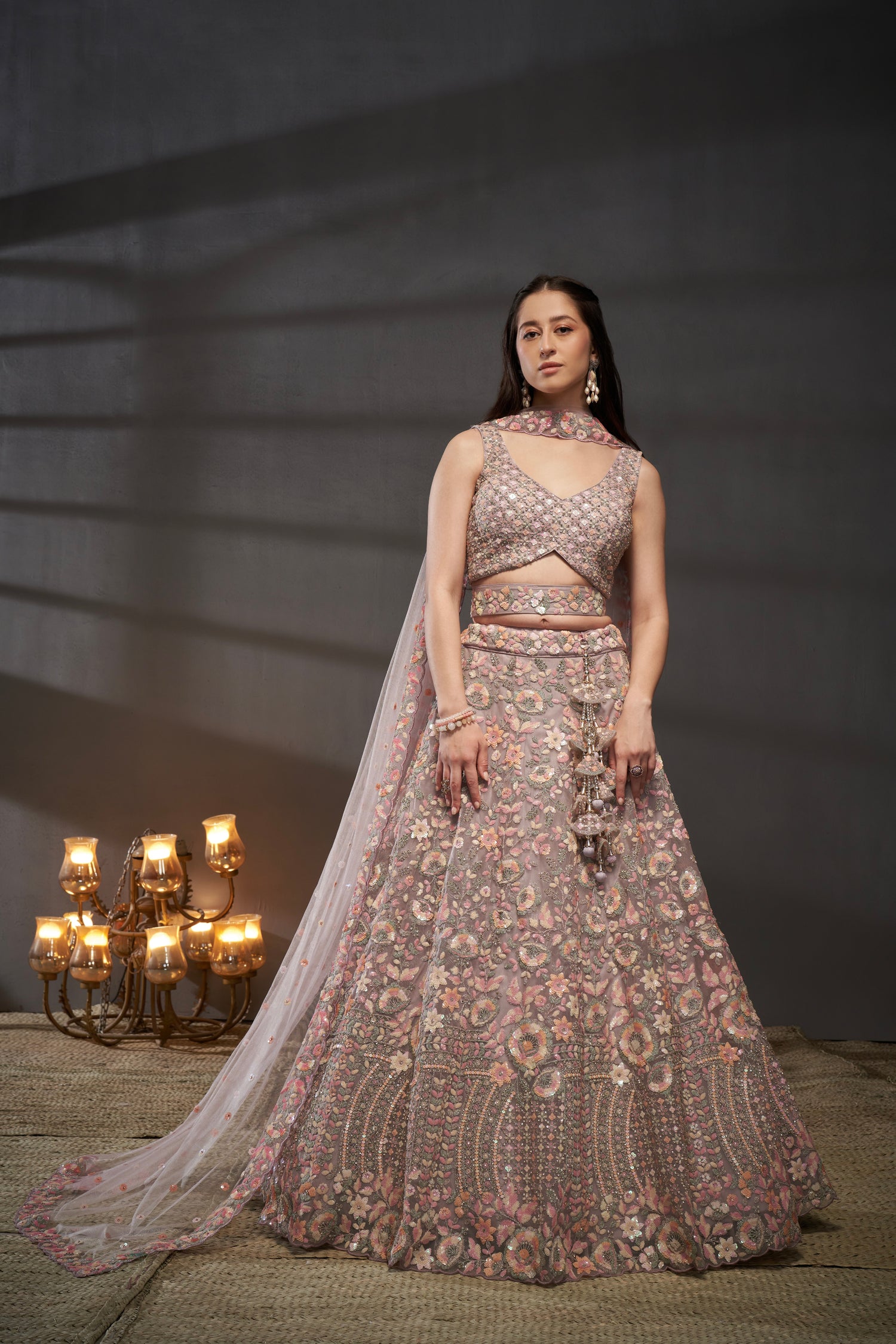 Mauve Net Floral Sequins with Heavy Zarkan Embroidery Lehenga Choli &amp; Dupatta