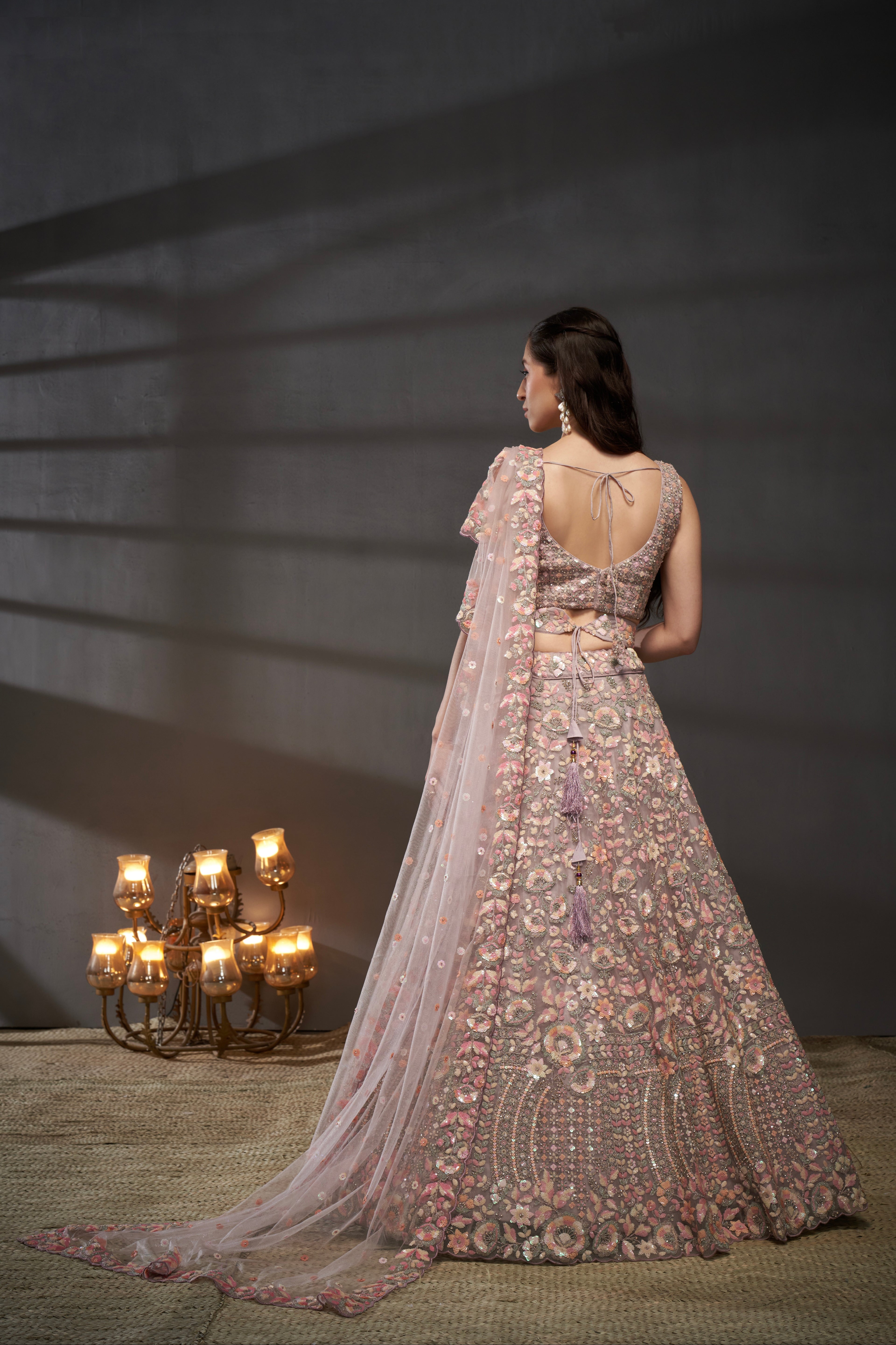 Mauve Net Floral Sequins with Heavy Zarkan Embroidery Lehenga Choli &amp; Dupatta