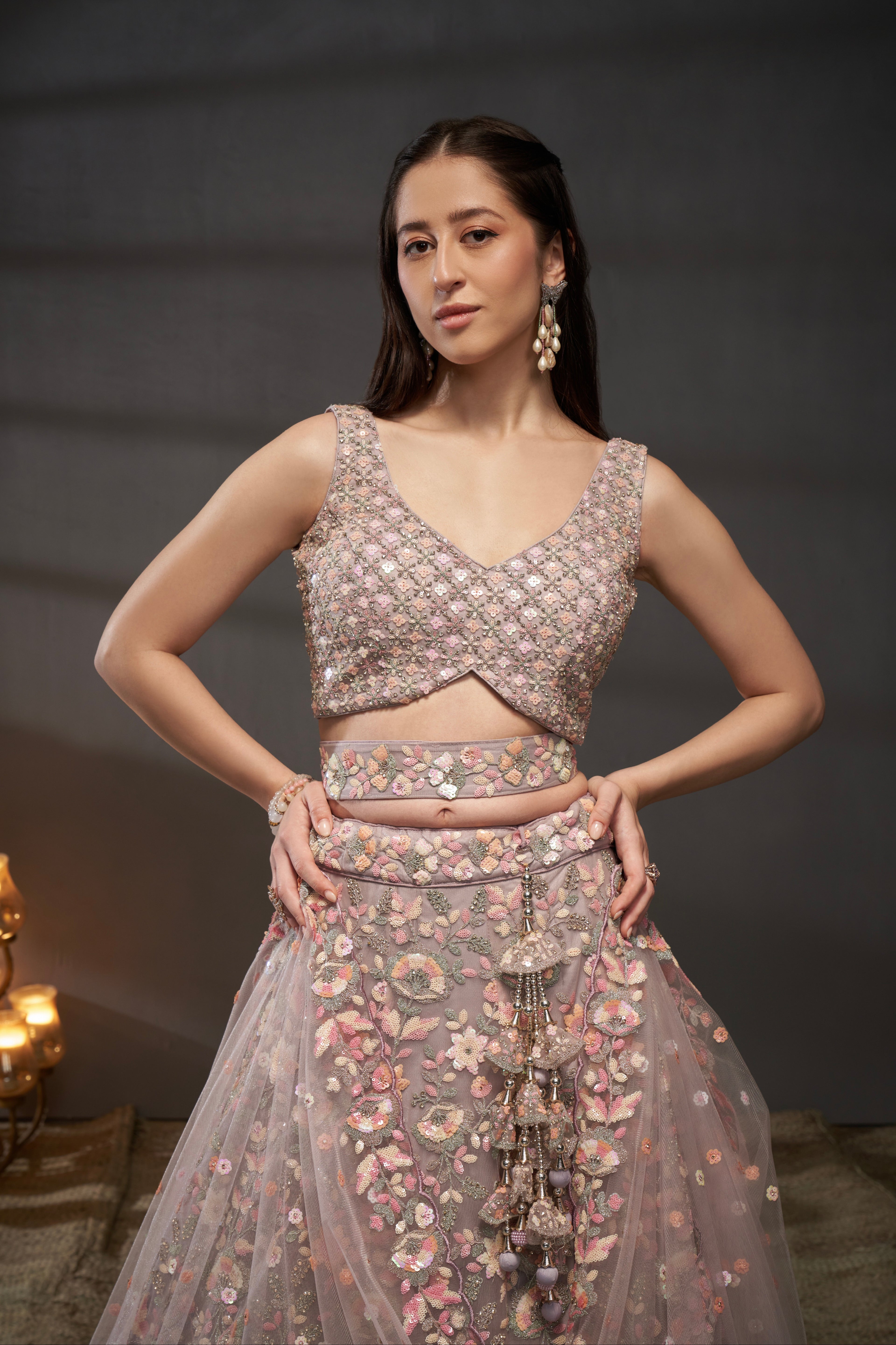 Mauve Net Floral Sequins with Heavy Zarkan Embroidery Lehenga Choli &amp; Dupatta