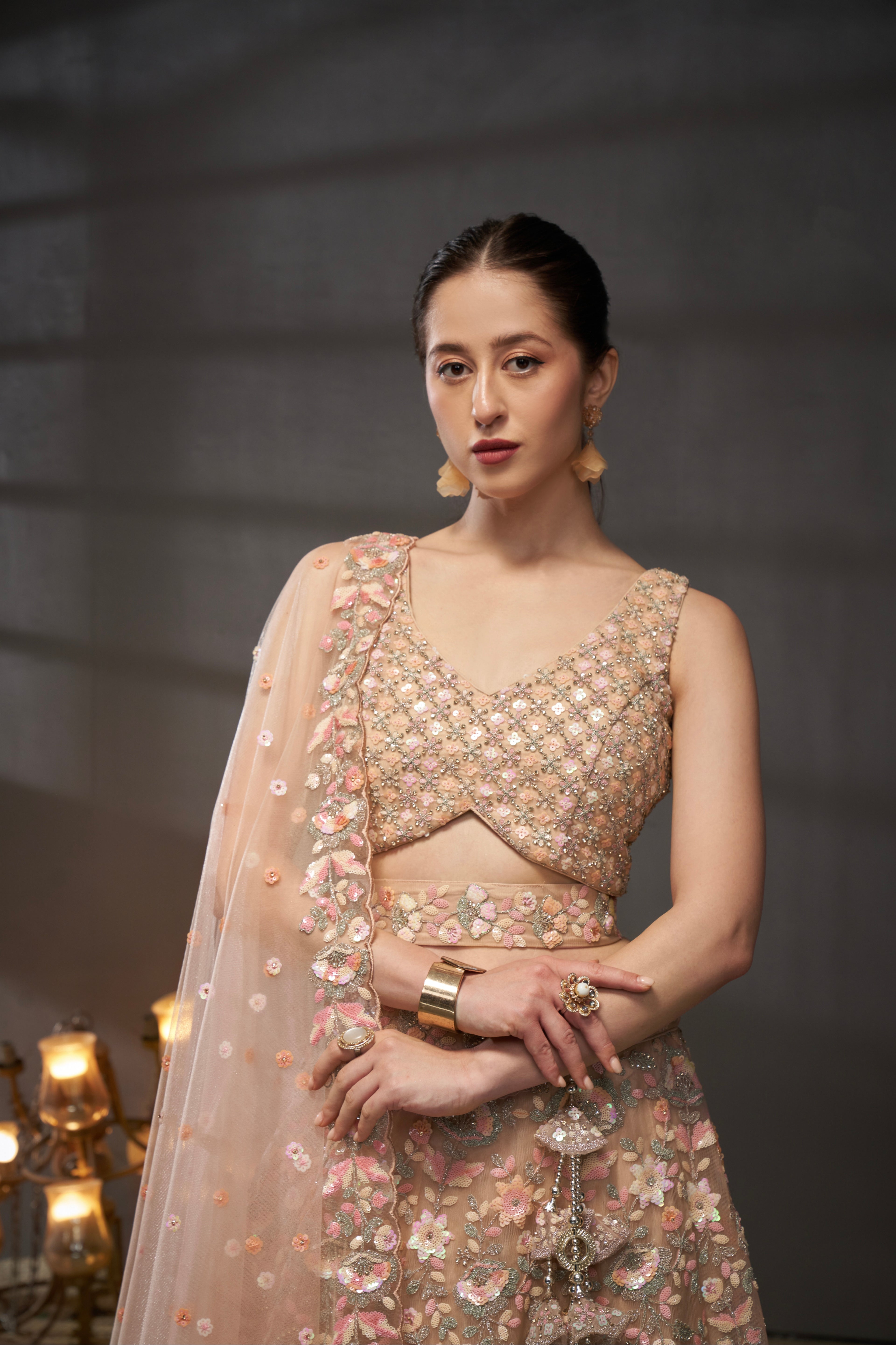 Peach Net Floral Sequins with Heavy Zarkan Embroidery Lehenga Choli &amp; Dupatta
