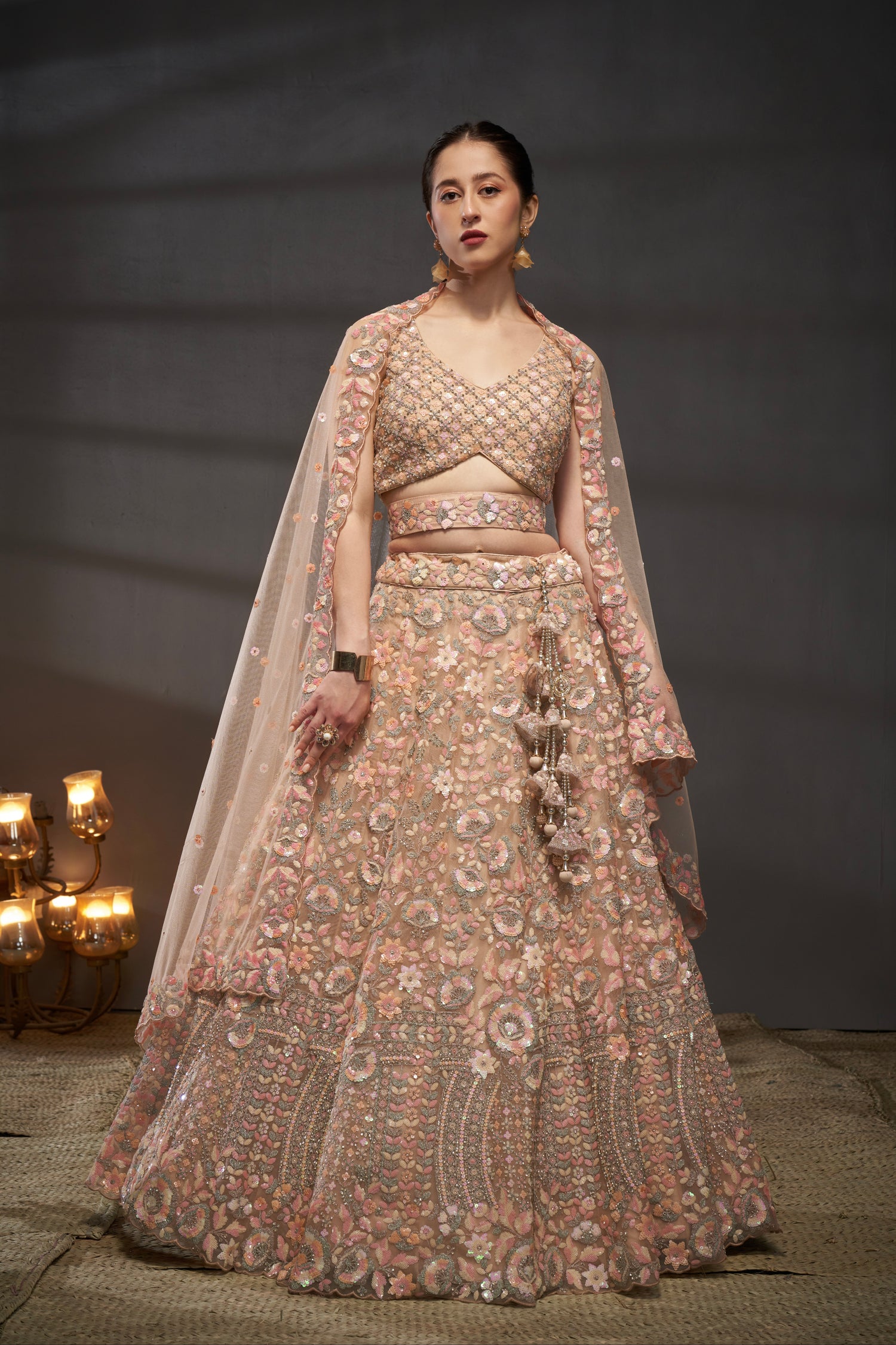 Peach Net Floral Sequins with Heavy Zarkan Embroidery Lehenga Choli &amp; Dupatta

