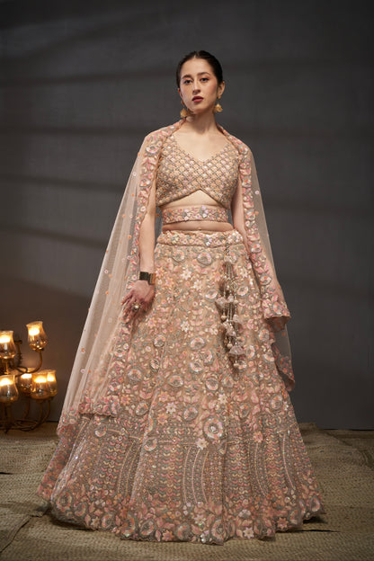 Peach Net Floral Sequins with Heavy Zarkan Embroidery Lehenga Choli &amp; Dupatta
