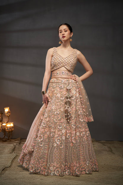 Peach Net Floral Sequins with Heavy Zarkan Embroidery Lehenga Choli &amp; Dupatta
