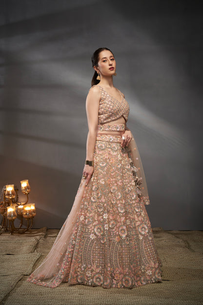 Peach Net Floral Sequins with Heavy Zarkan Embroidery Lehenga Choli &amp; Dupatta
