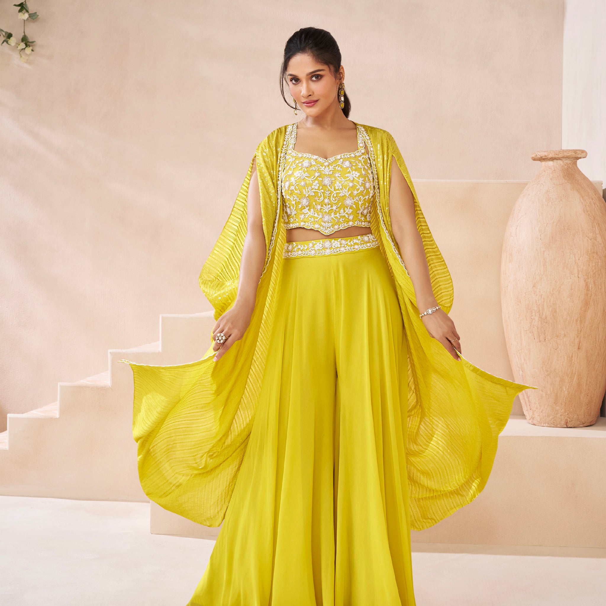 Yellow Real Georgette Embroidered Sharara Set with Satin Georgette Shrug