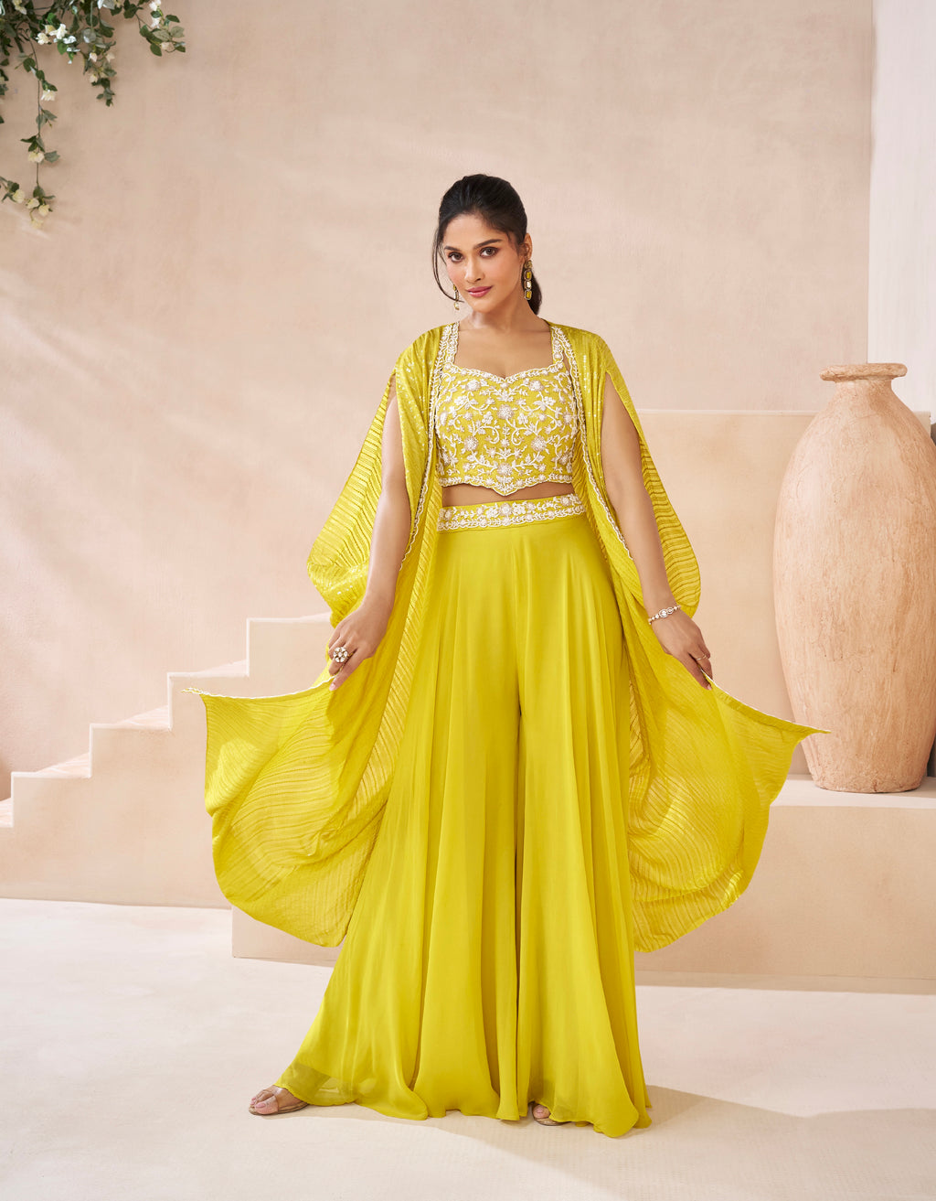 Yellow Real Georgette Embroidered Sharara Set & Satin Georgette Shrug