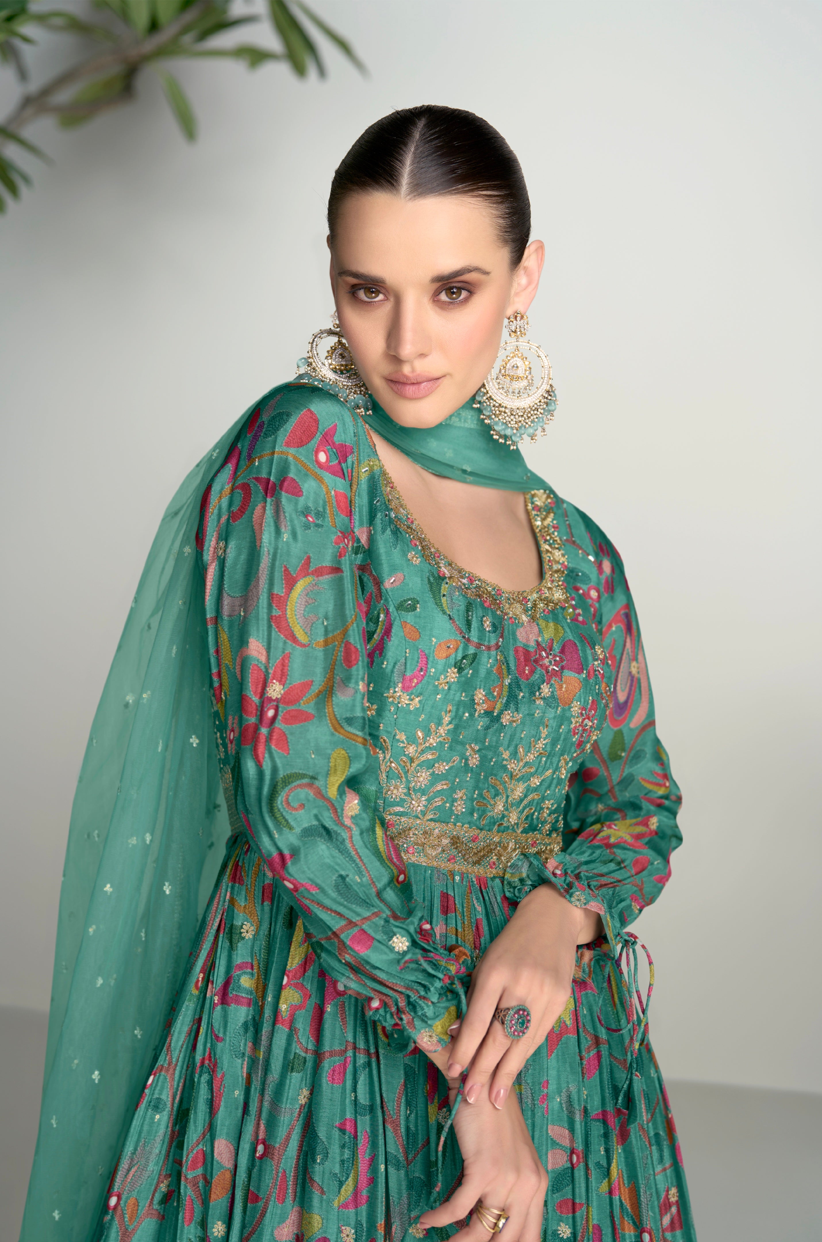 Green Real Chinon Anarkali Suit with Embroidery and Mirror Work