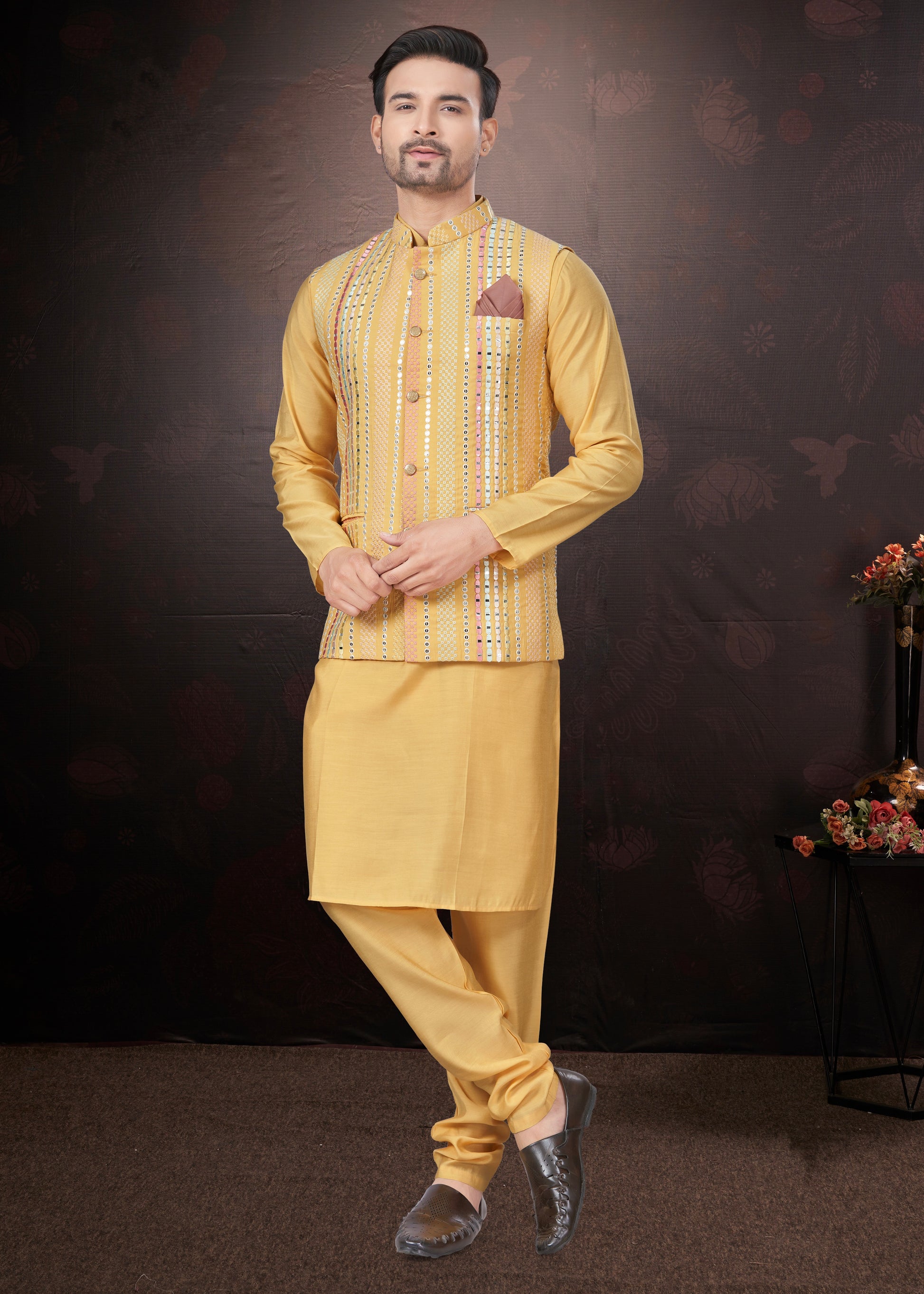 Yellow Pure Silk Mirror Work Jacket Kurta Pajama Set
