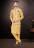 Yellow Pure Silk Mirror Work Jacket Kurta Pajama Set
