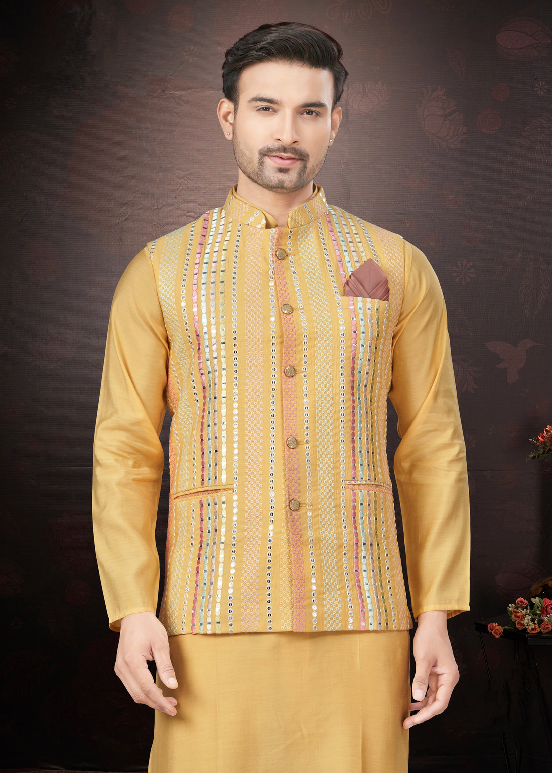 Yellow Pure Silk Mirror Work Jacket Kurta Pajama Set
