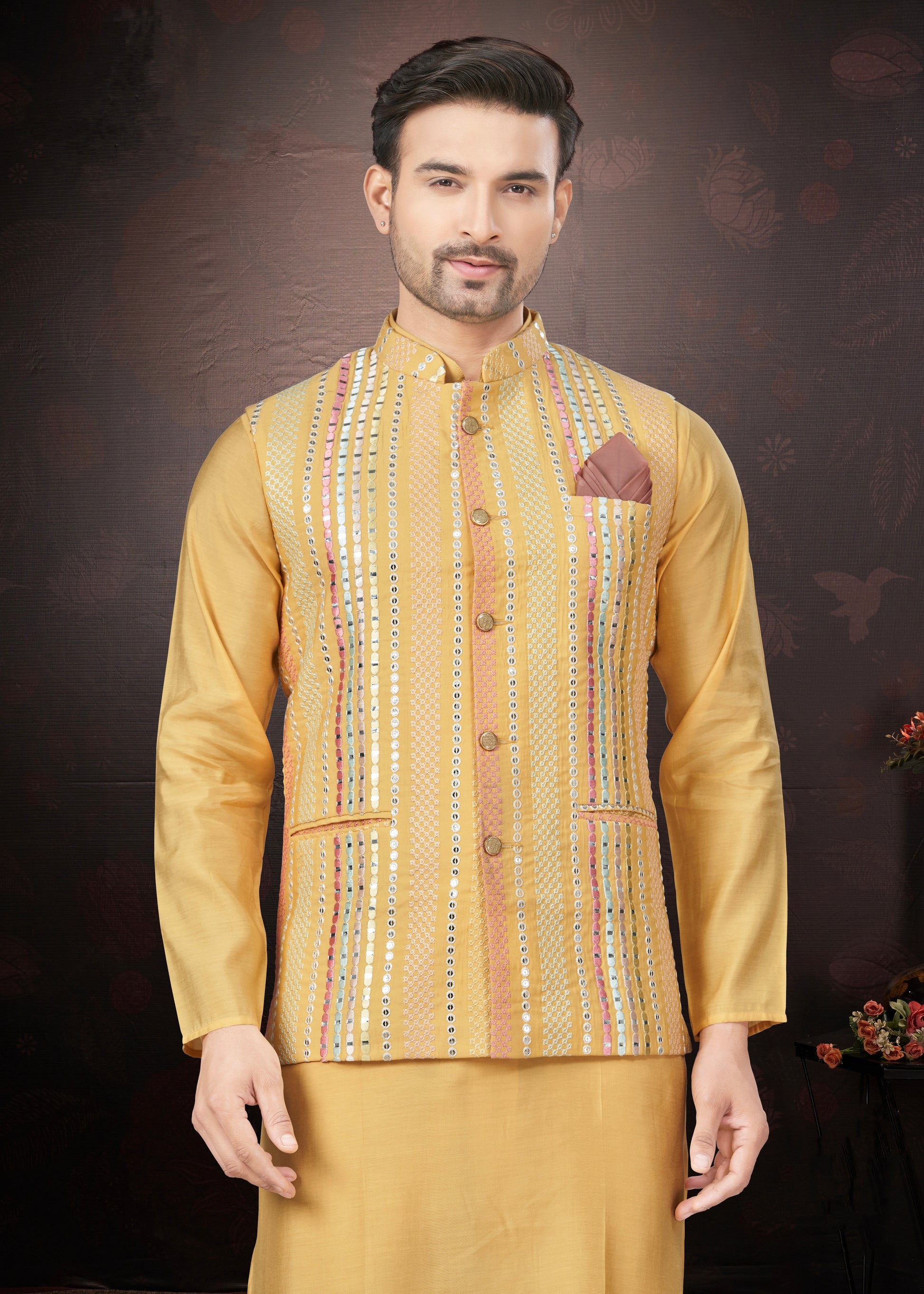 Yellow Pure Silk Mirror Work Jacket Kurta Pajama Set
