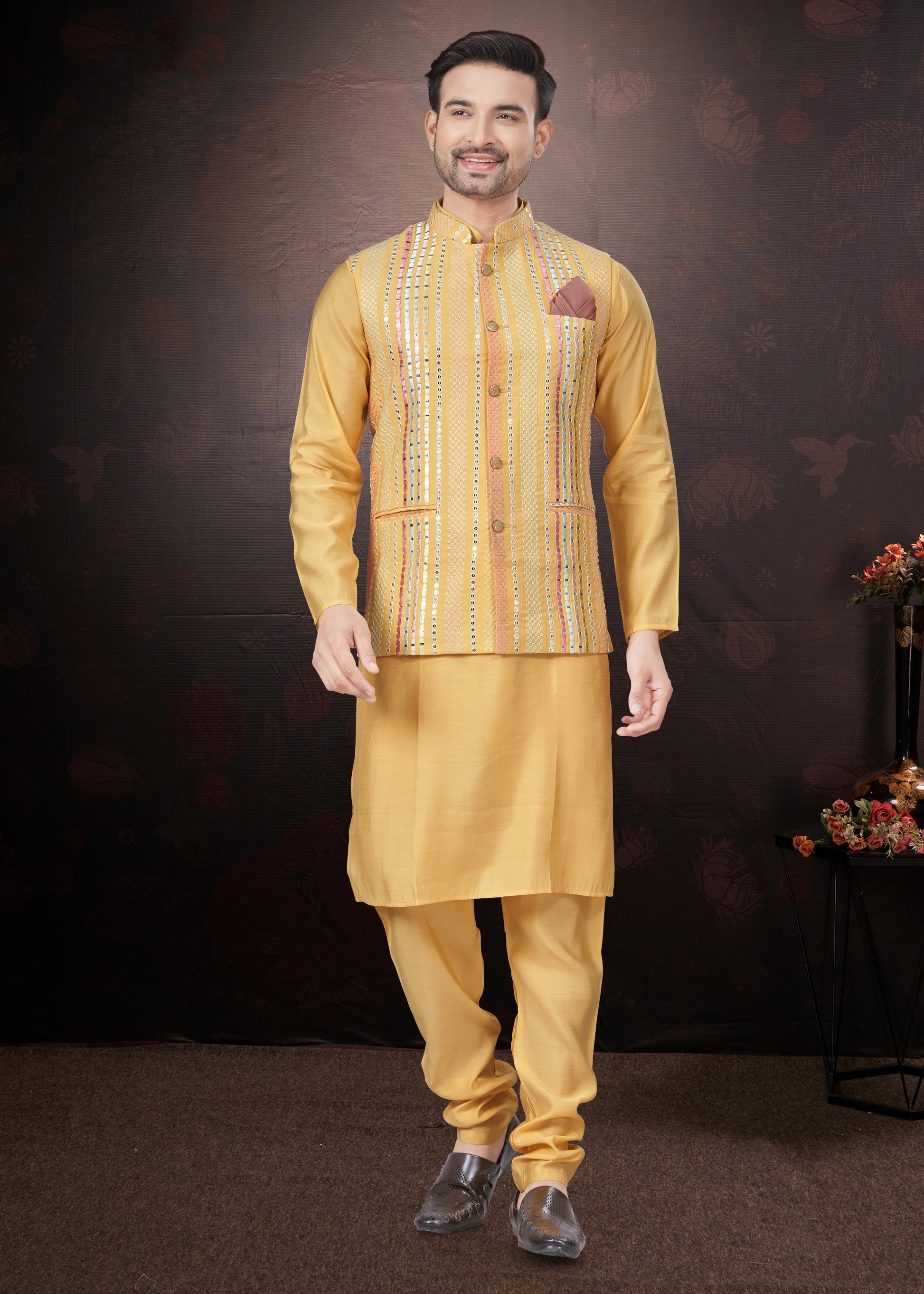 Yellow Pure Silk Mirror Work Jacket Kurta Pajama Set
