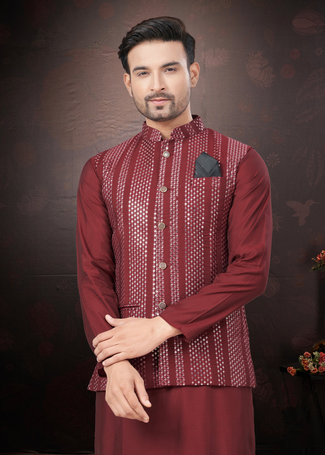 Maroon Pure Silk Mirror Work Jacket Kurta Pajama Set