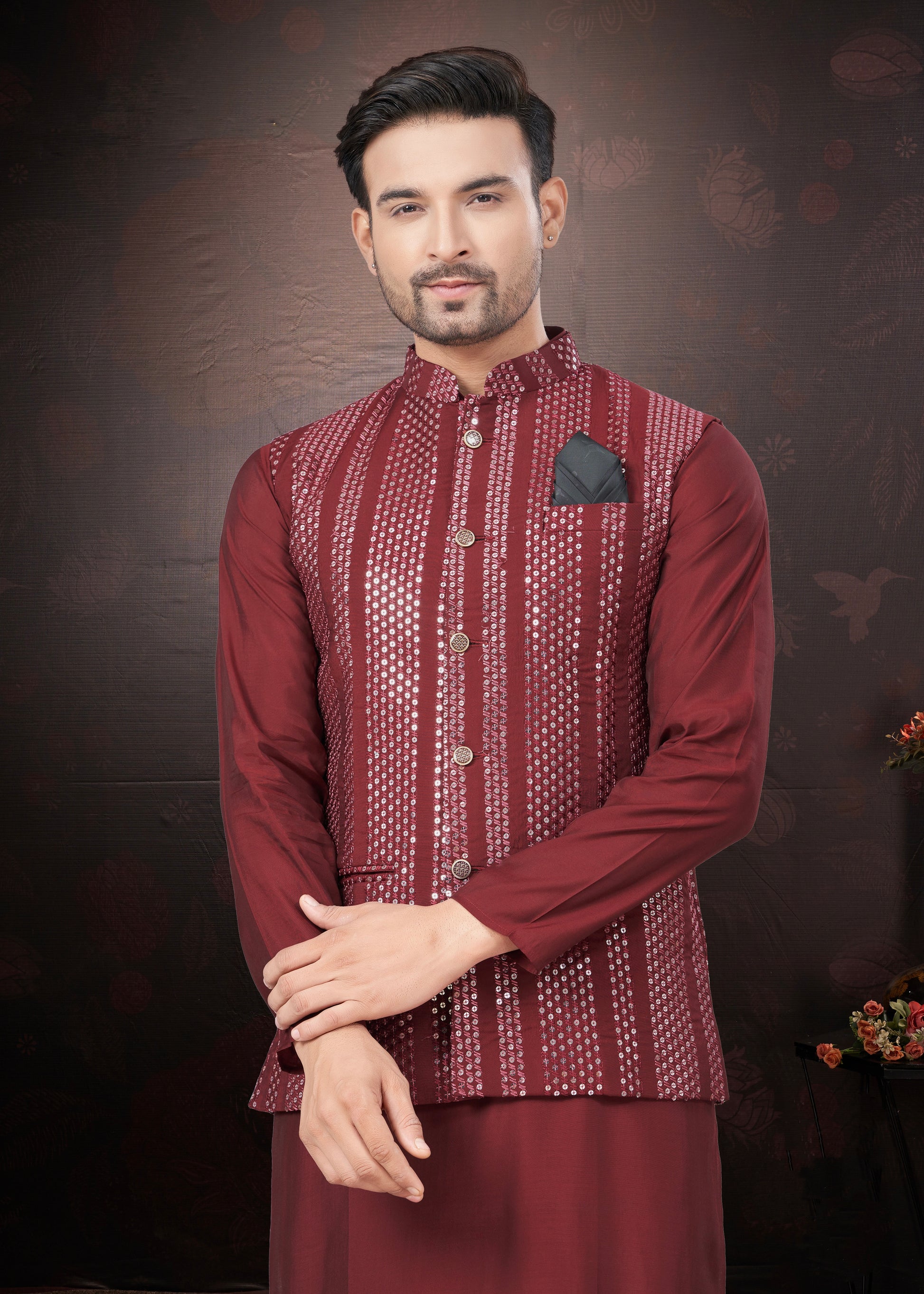 Maroon Pure Silk Mirror Work Jacket Kurta Pajama Set
