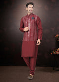 Maroon Pure Silk Mirror Work Jacket Kurta Pajama Set