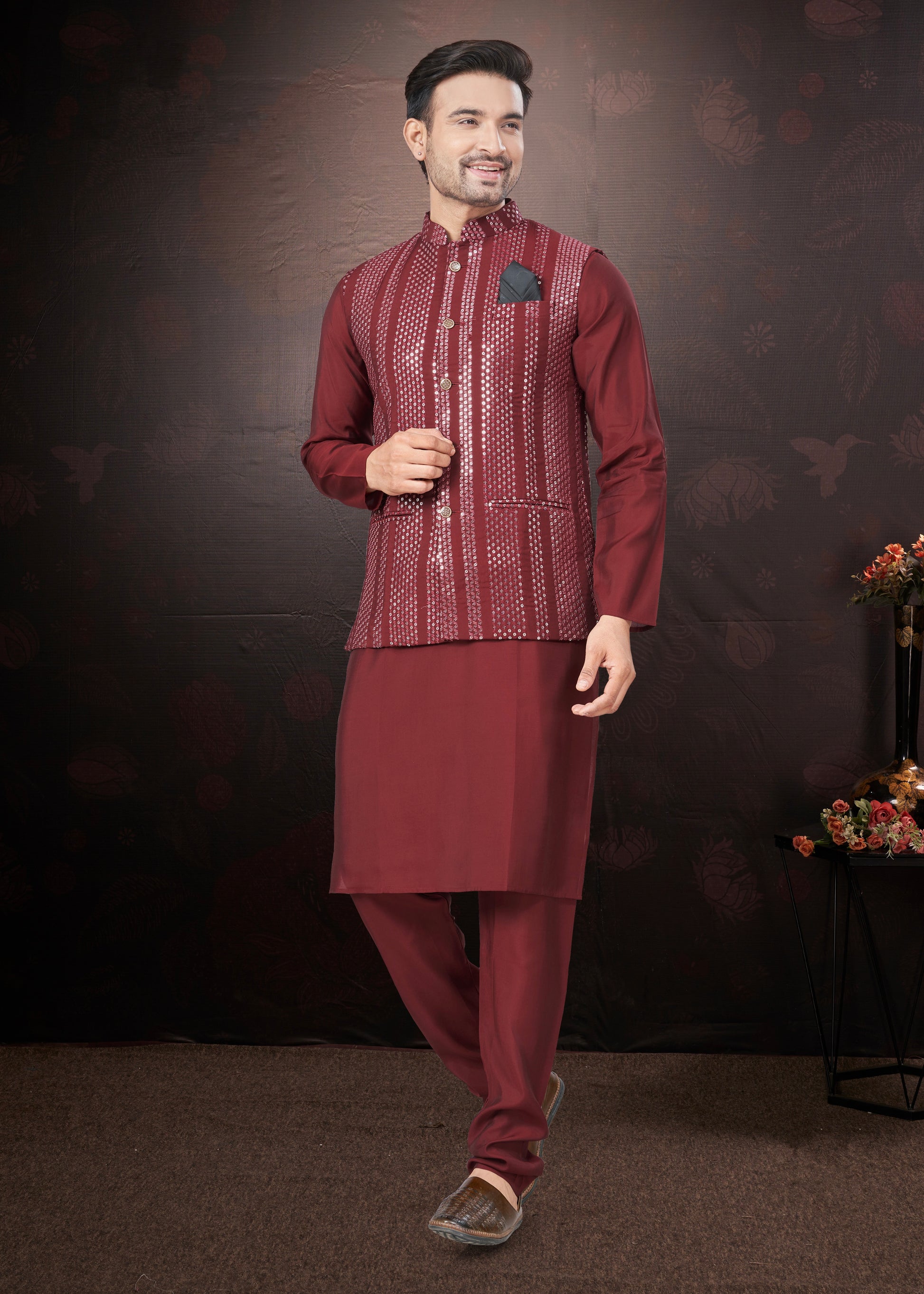 Maroon Pure Silk Mirror Work Jacket Kurta Pajama Set