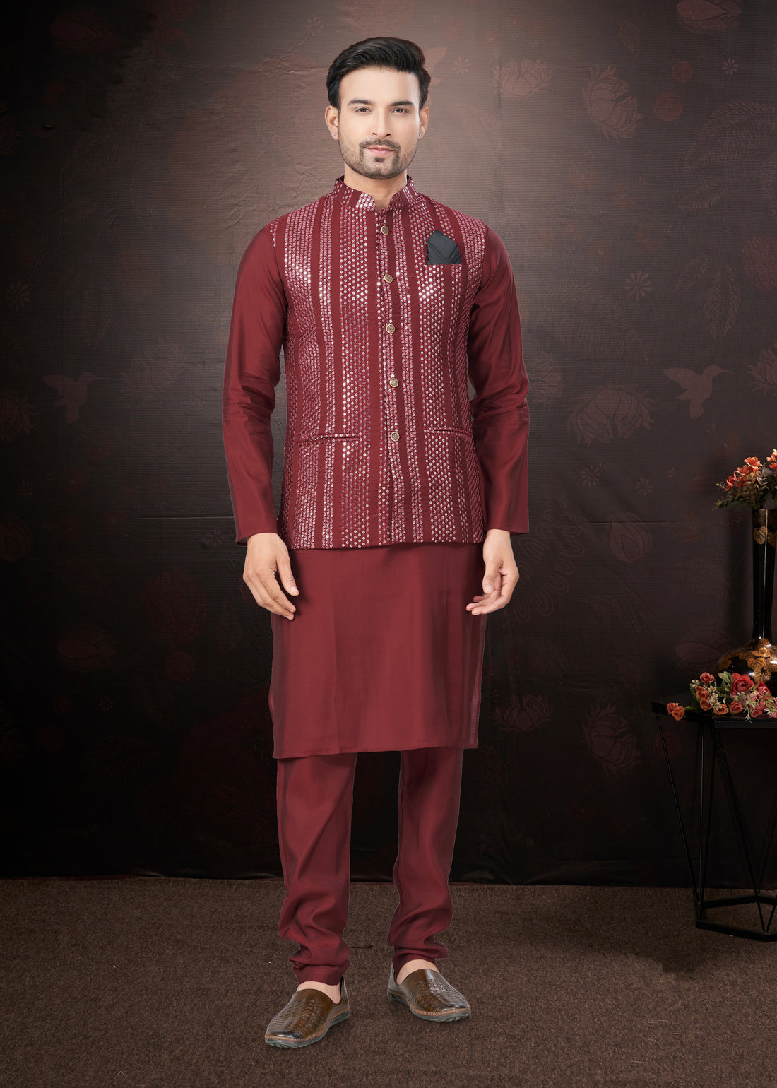 Maroon Pure Silk Mirror Work Jacket Kurta Pajama Set