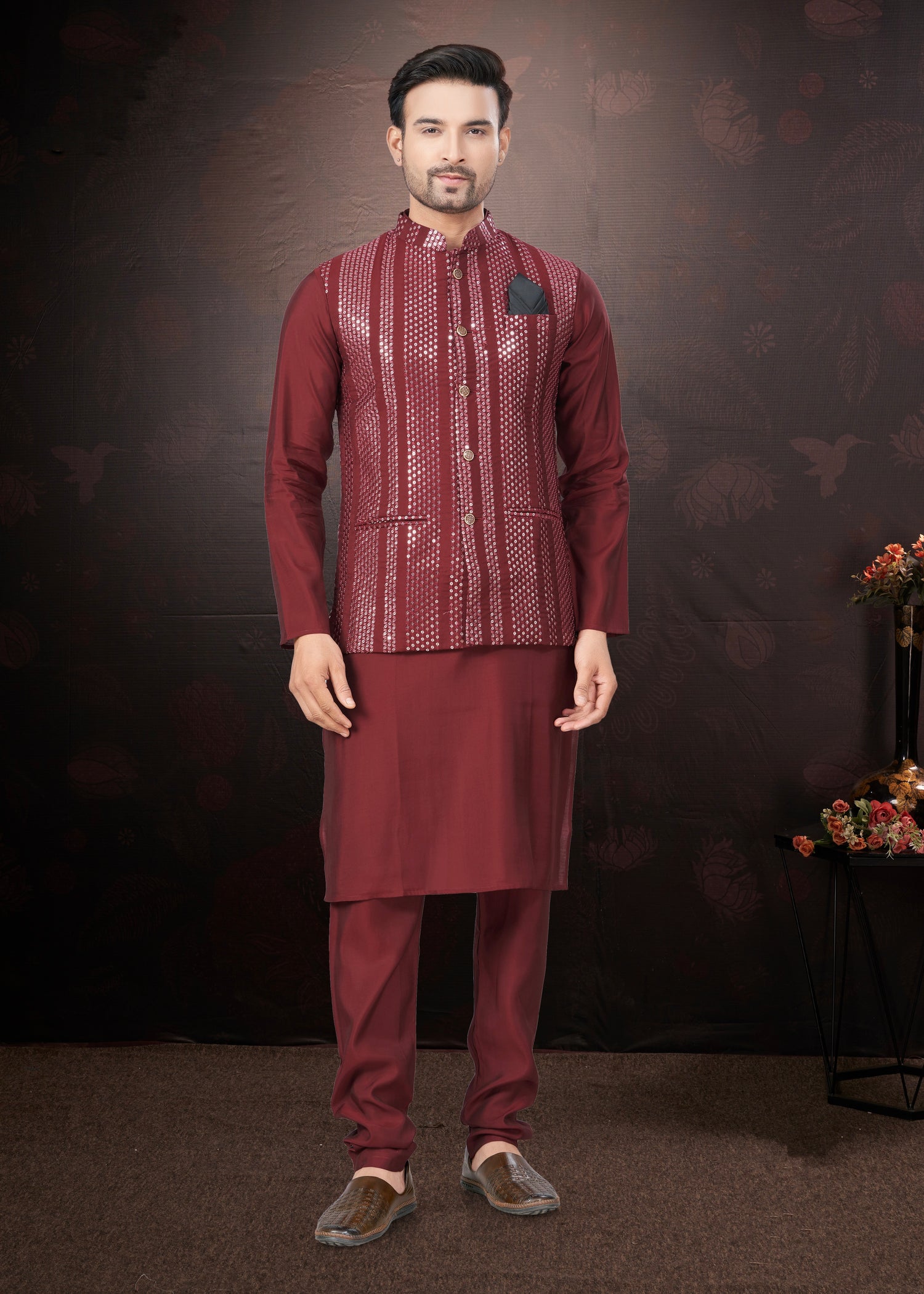 Maroon Pure Silk Mirror Work Jacket Kurta Pajama Set
