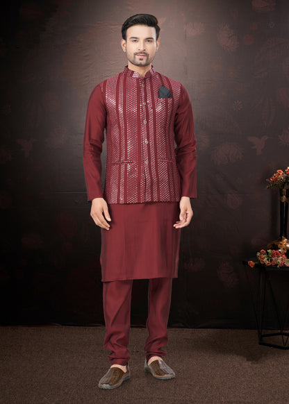 Maroon Pure Silk Mirror Work Jacket Kurta Pajama Set