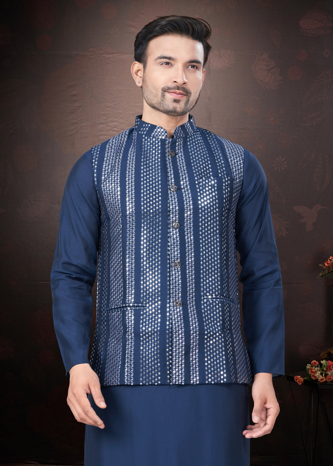 Navy Blue Pure Silk Mirror Work Jacket Kurta Pajama Set