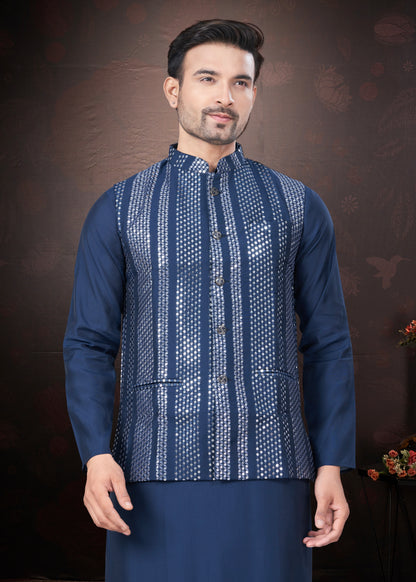 Navy Blue Pure Silk Mirror Work Jacket Kurta Pajama Set