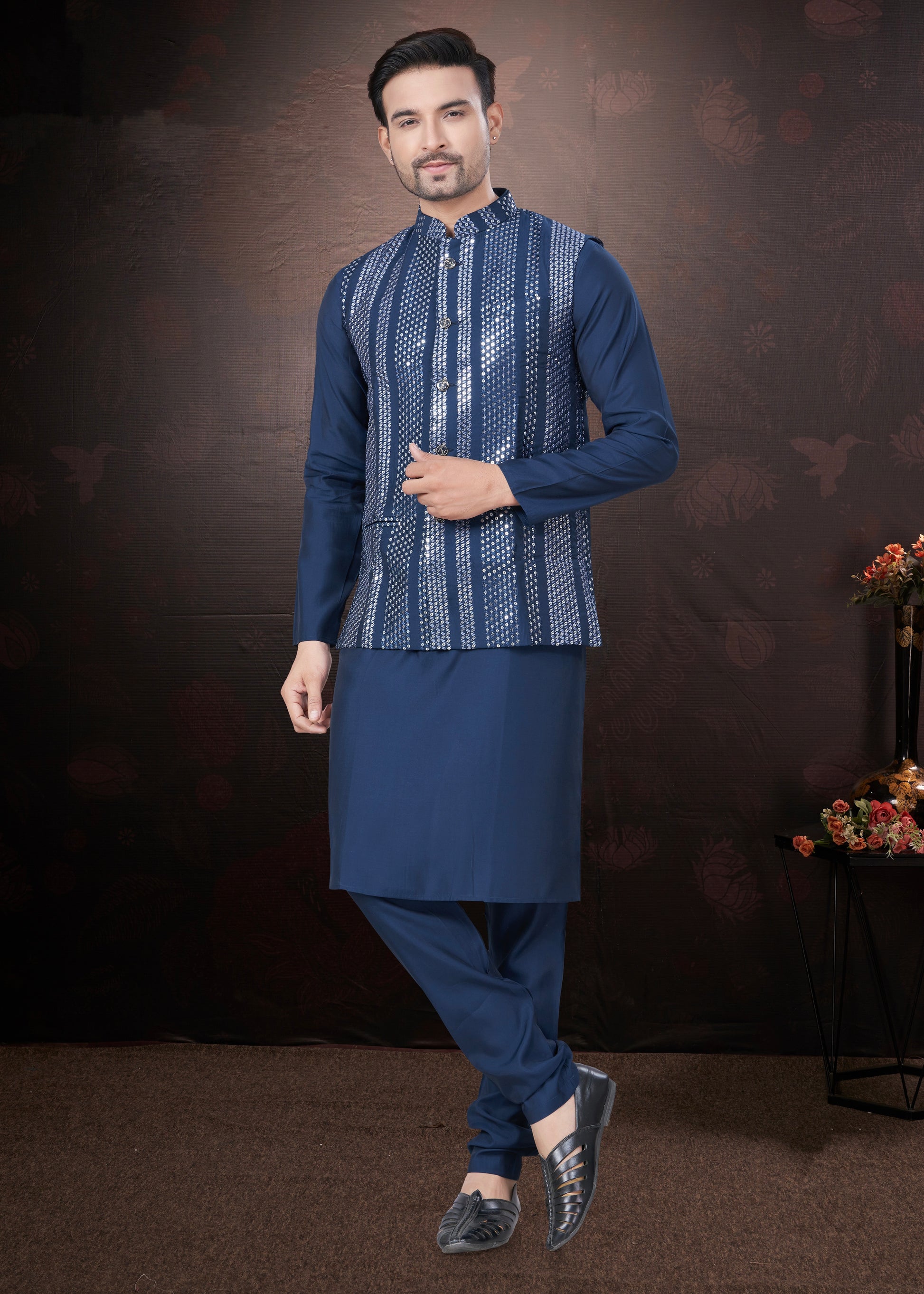 Navy Blue Pure Silk Mirror Work Jacket Kurta Pajama Set