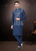 Navy Blue Pure Silk Mirror Work Jacket Kurta Pajama Set