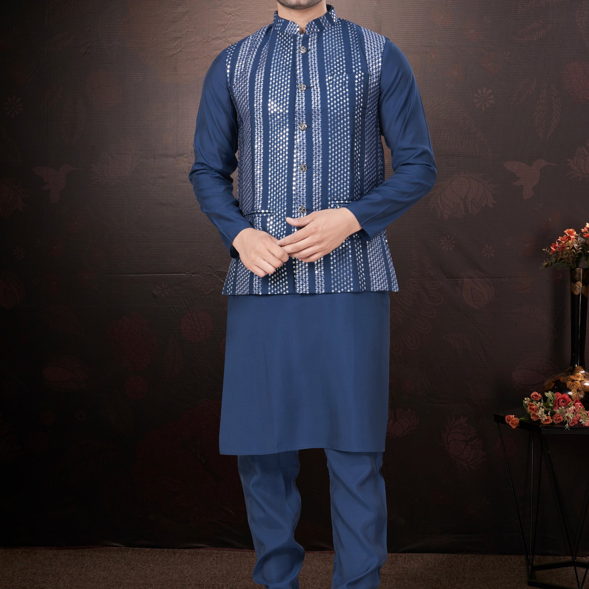 Navy Blue Pure Silk Mirror Work Jacket Kurta Pajama Set