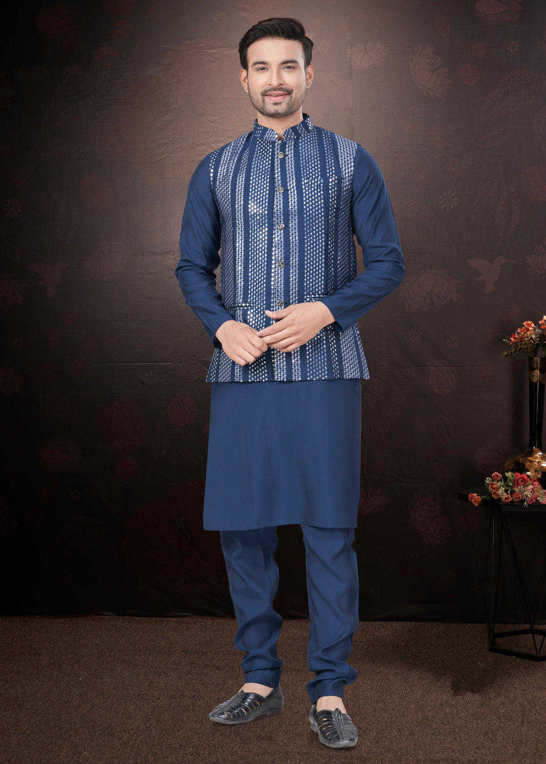 Navy Blue Pure Silk Mirror Work Jacket Kurta Pajama Set