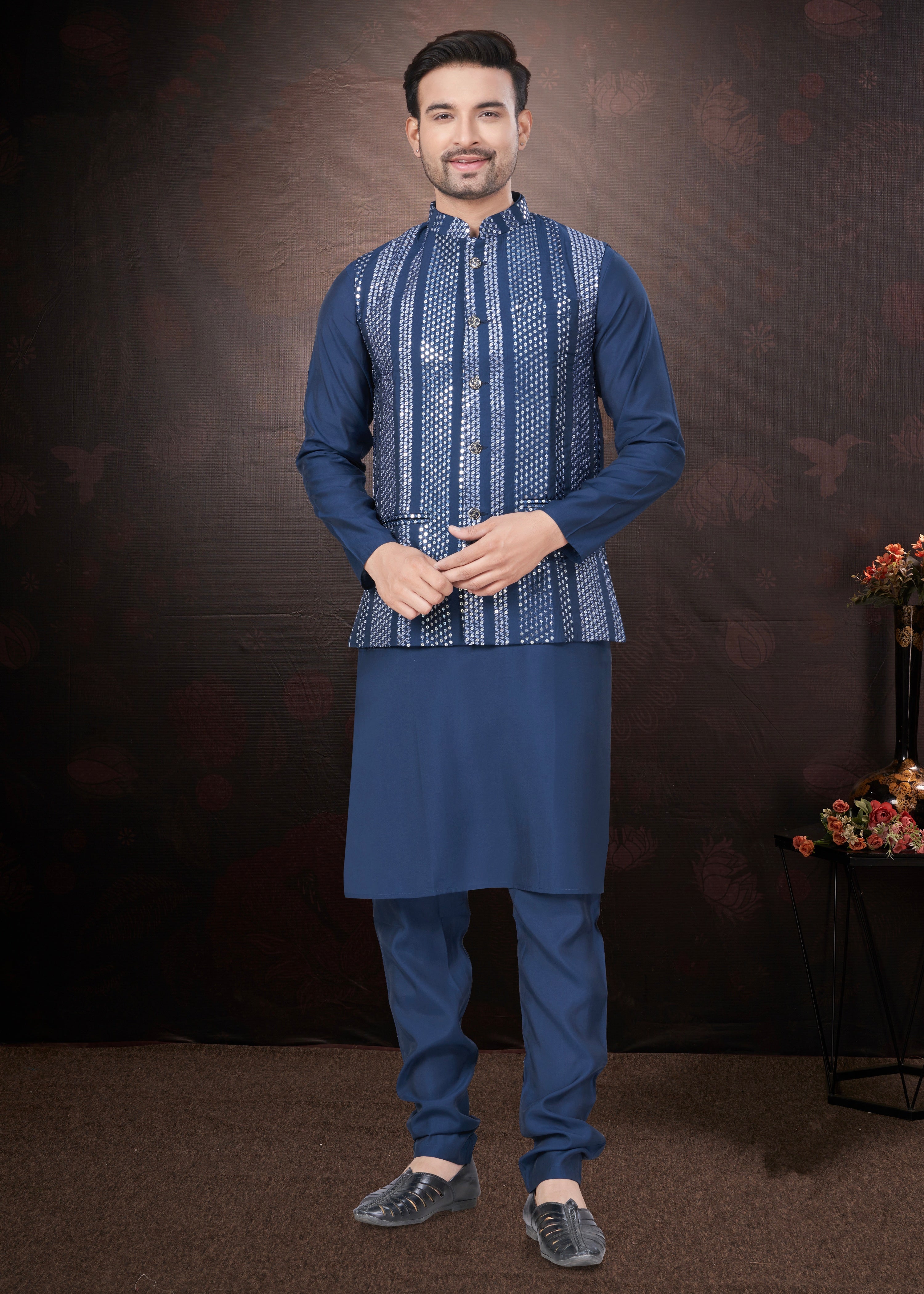 Navy Blue Pure Silk Mirror Work Jacket Kurta Pajama Set